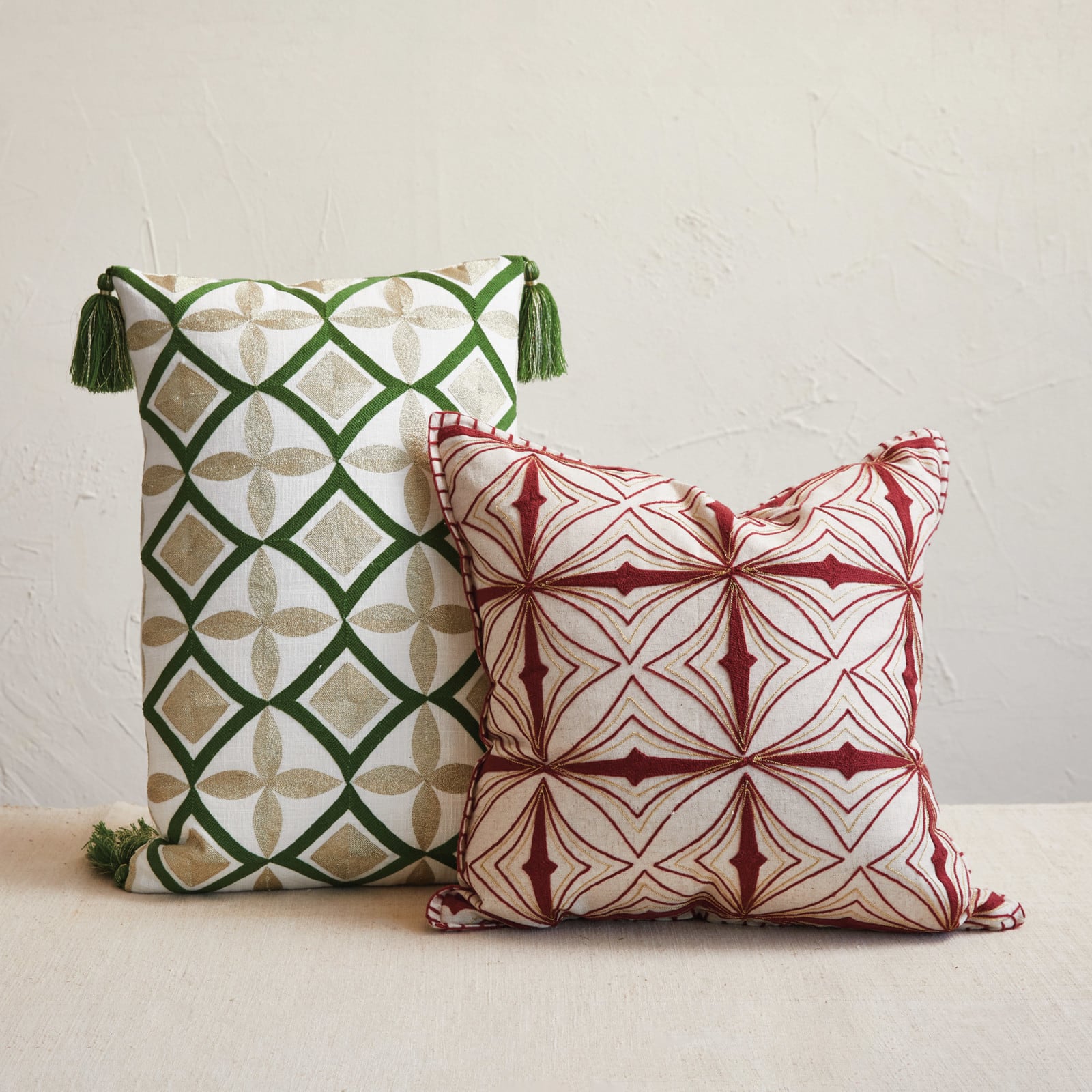 Hello Honey® 22" Natural & Green Cotton Embroidered Lumbar Pillow