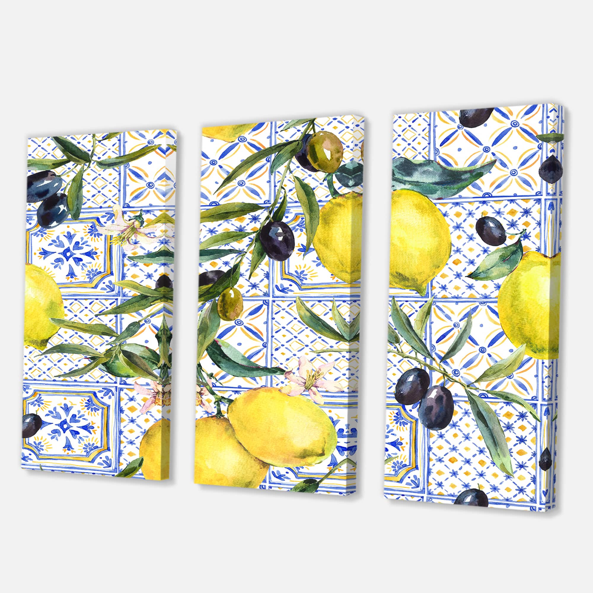 Designart - Lemon Ornament On Blue Geometrical Pattern III - Tropical Canvas Wall Art Print