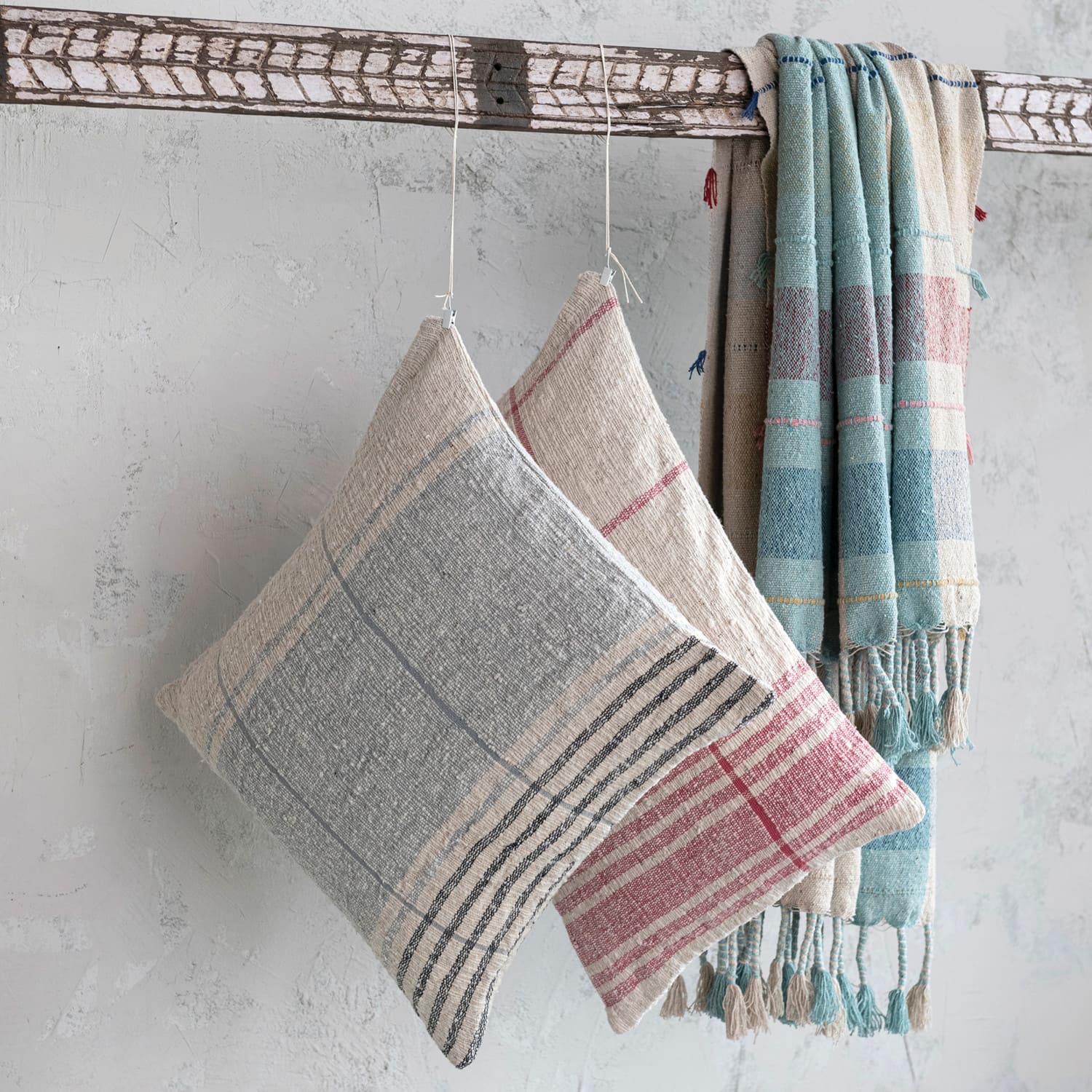 Hello Honey® Natural & Red Grid Pattern Cotton Slub Lumbar Pillow