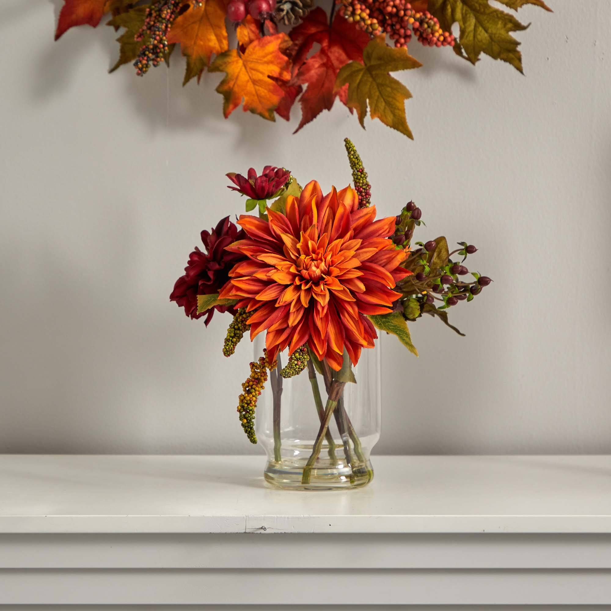 12" Dahlia & Mum Arrangement with Glass Vase 