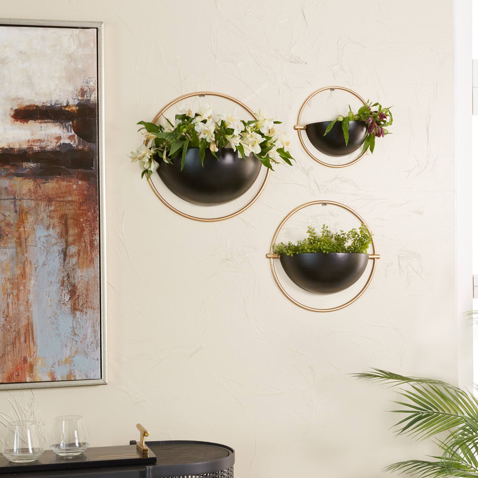 Set of 3 Black Iron Contemporary Planters, 15" x 14" x 5"
