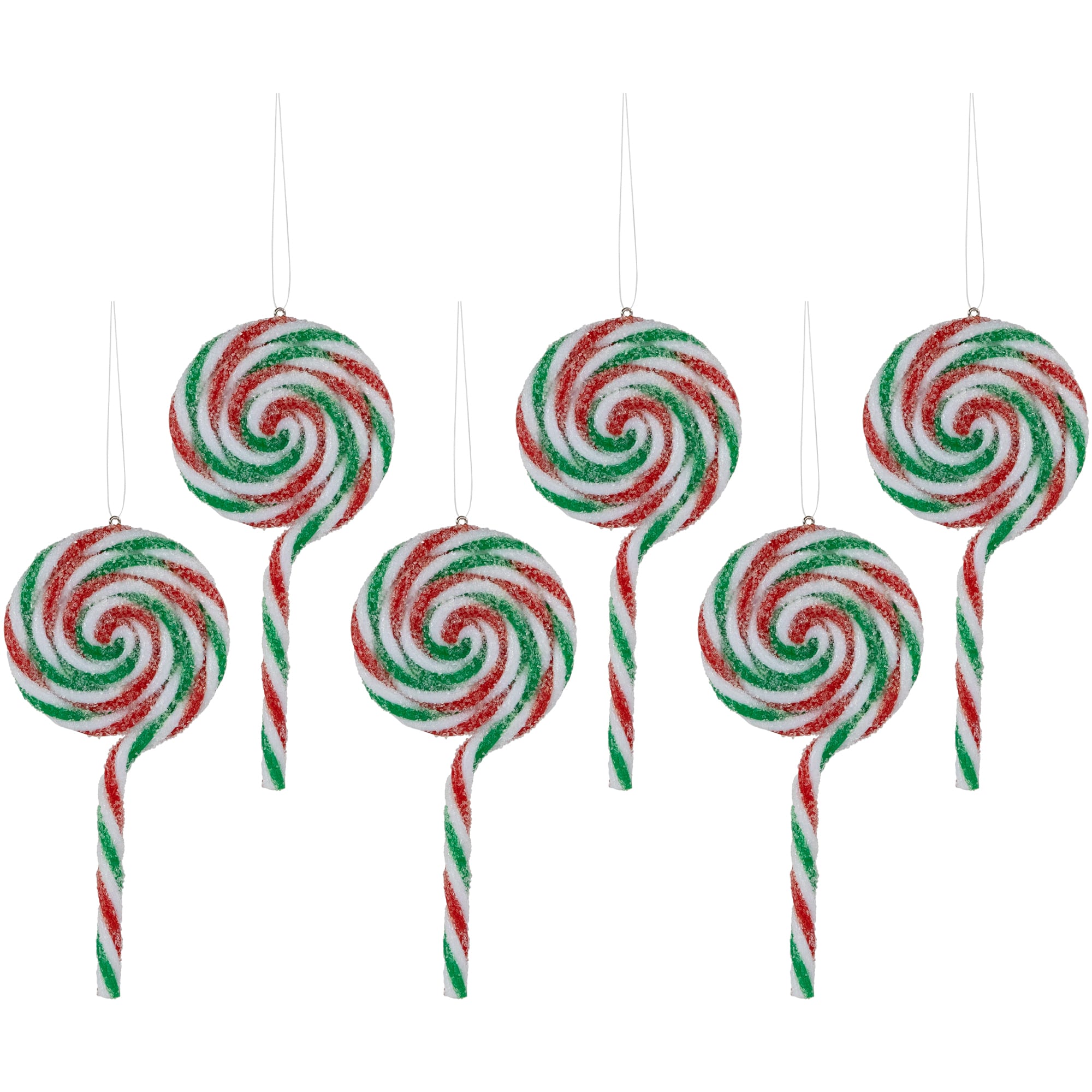 6ct Frosted White  Green and Red Lollipop Christmas Ornaments 7"