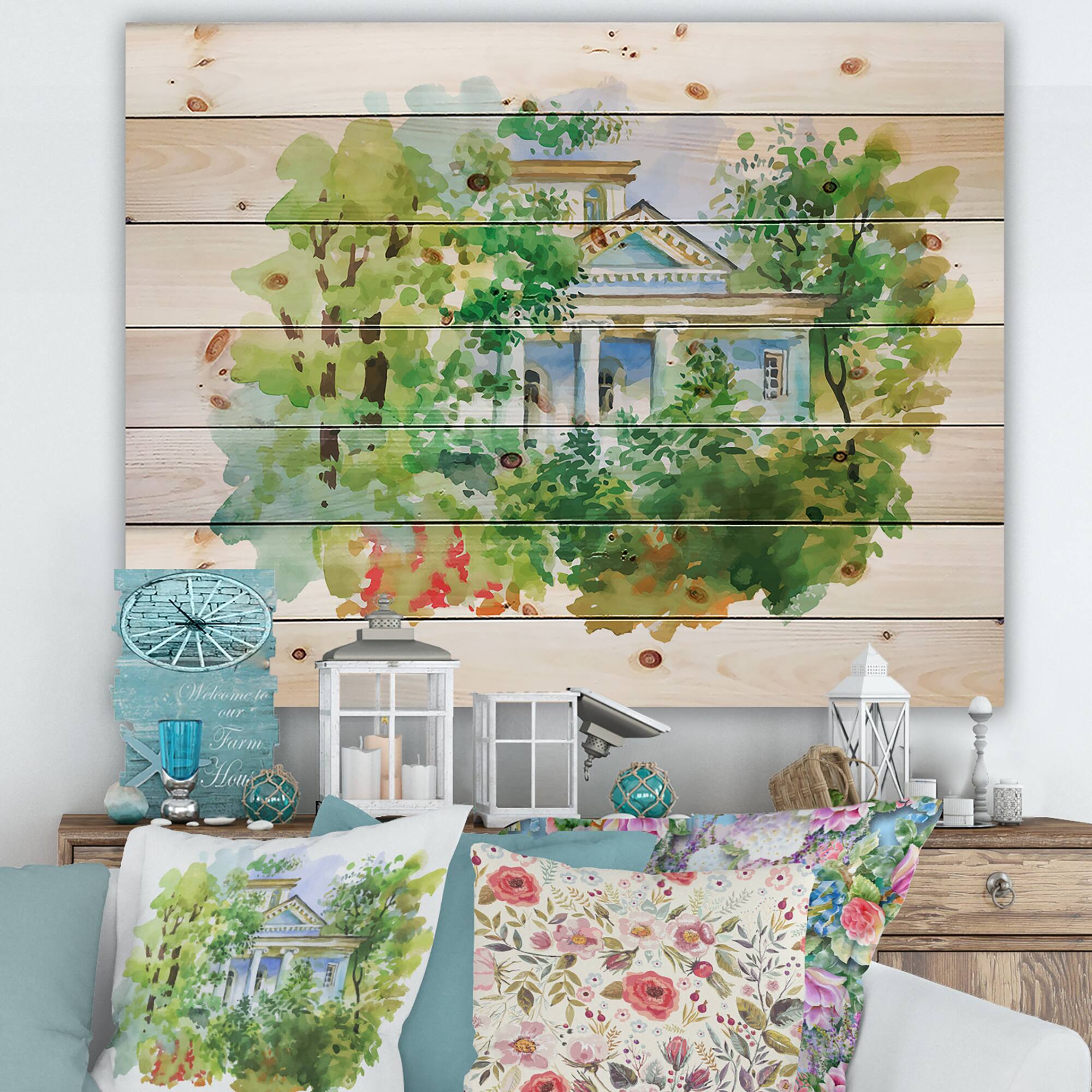 Designart - White House In The Woods - Traditional Print on Natural Pine Wood