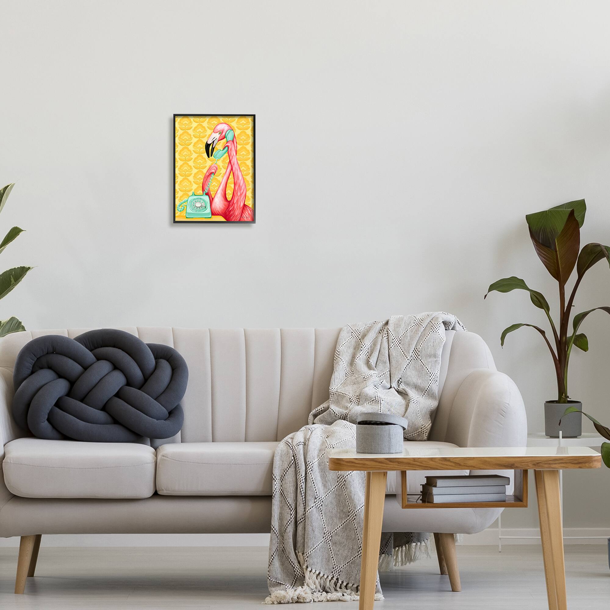 Stupell Industries Flamingo Calling Dial Telephone Groovy Flowers Framed Giclee Art
