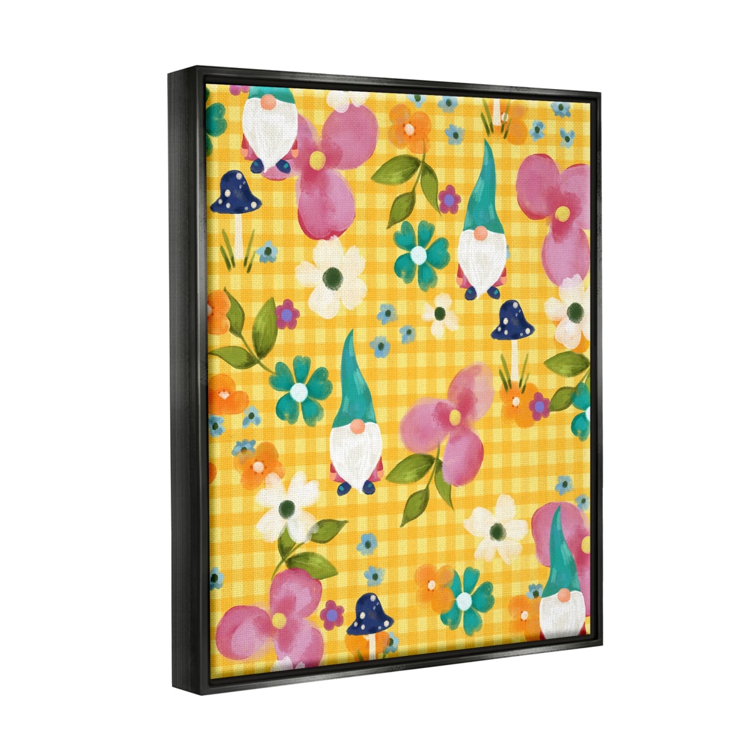 Stupell Industries Yellow Tartan Patterned Spring Gnomes Mushrooms Floater Framed Art