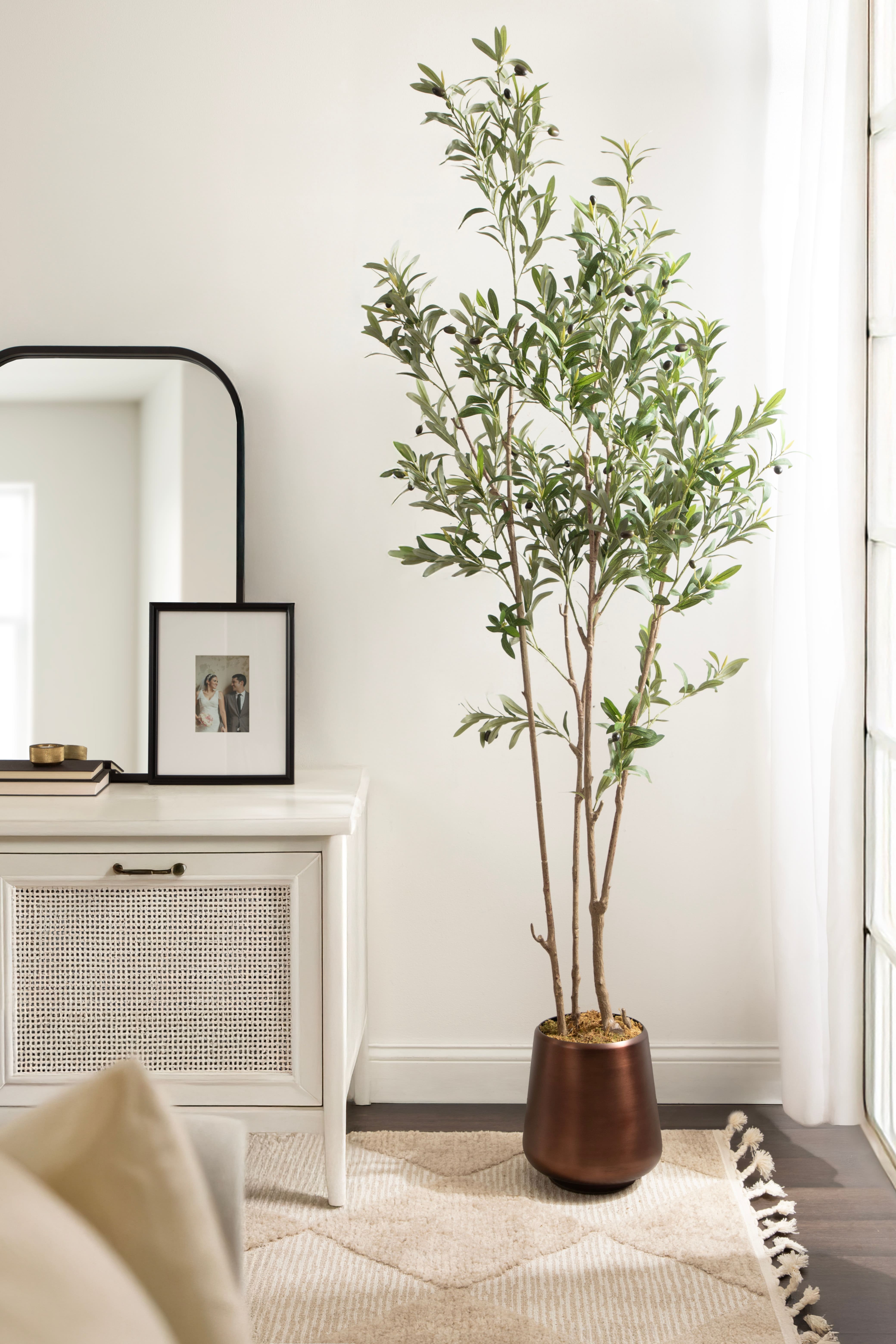 Kate and Laurel 7ft. Oliveira Faux Olive Tree with Round Bronze Planter