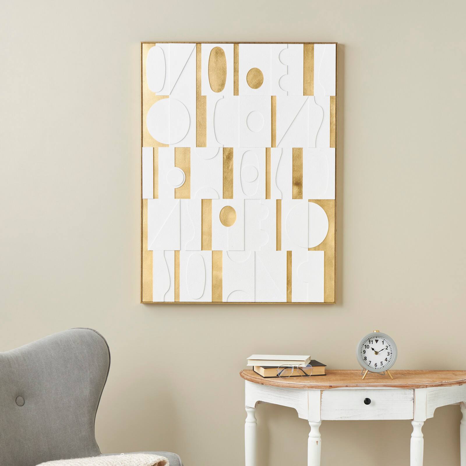  30" x 39" White Wooden Abstract Geometric Shape Framed Wall Art with Gold Accents