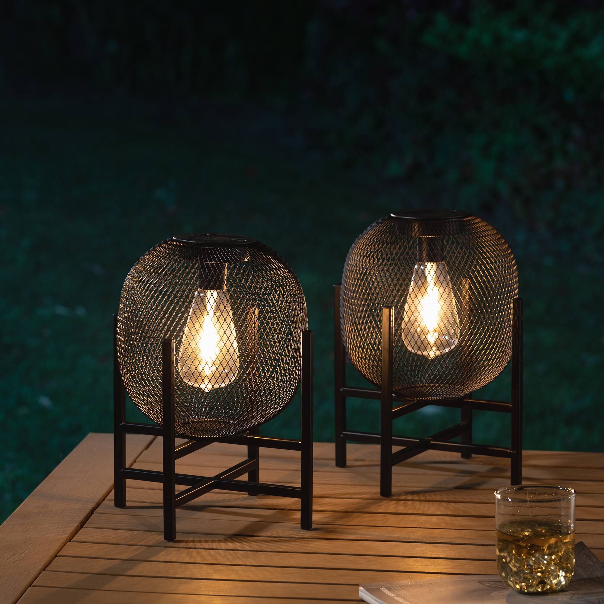 Glitzhome® 11.5" Metal Mesh Black Solar Powered Lantern with Stand, 2ct.