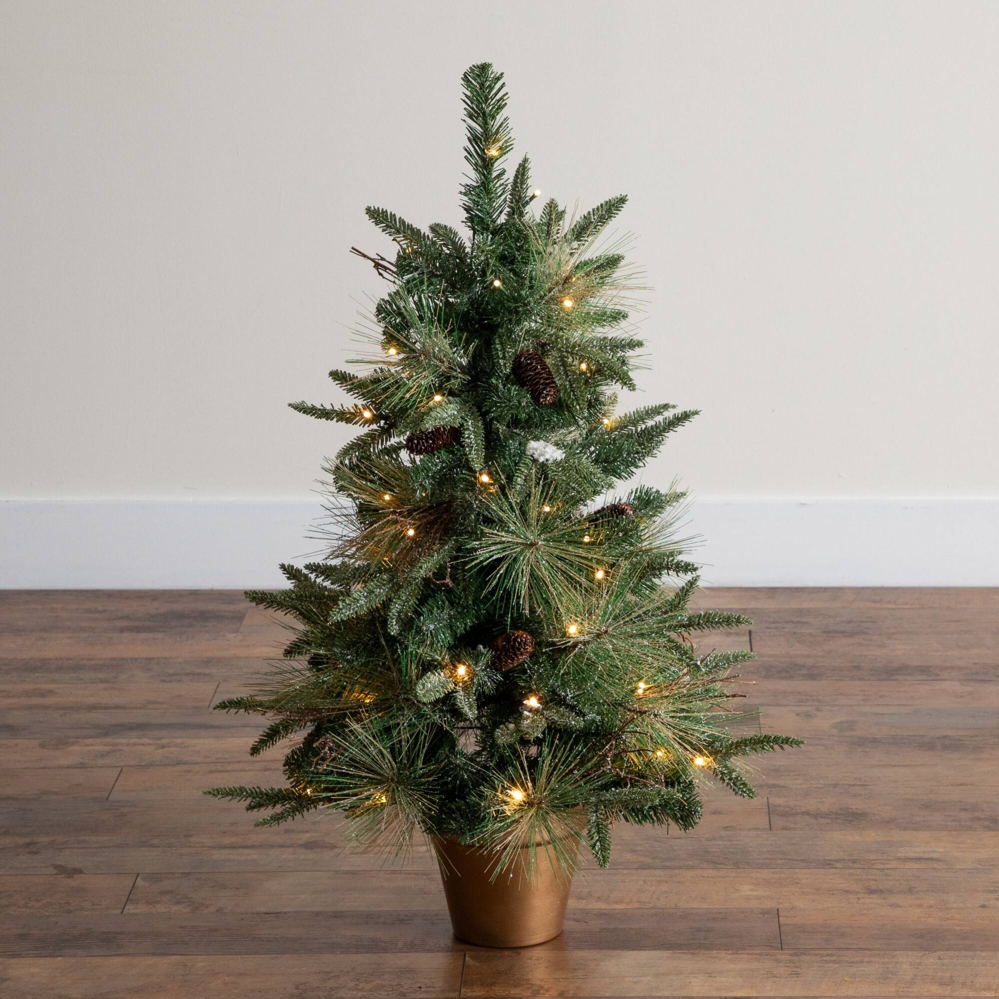 Nearly Natural 3ft. Pre-Lit Artificial Snowed Mixed Pine & Pinecone Christmas Tree in Gold Decorative Planter, Warm White LED lights
