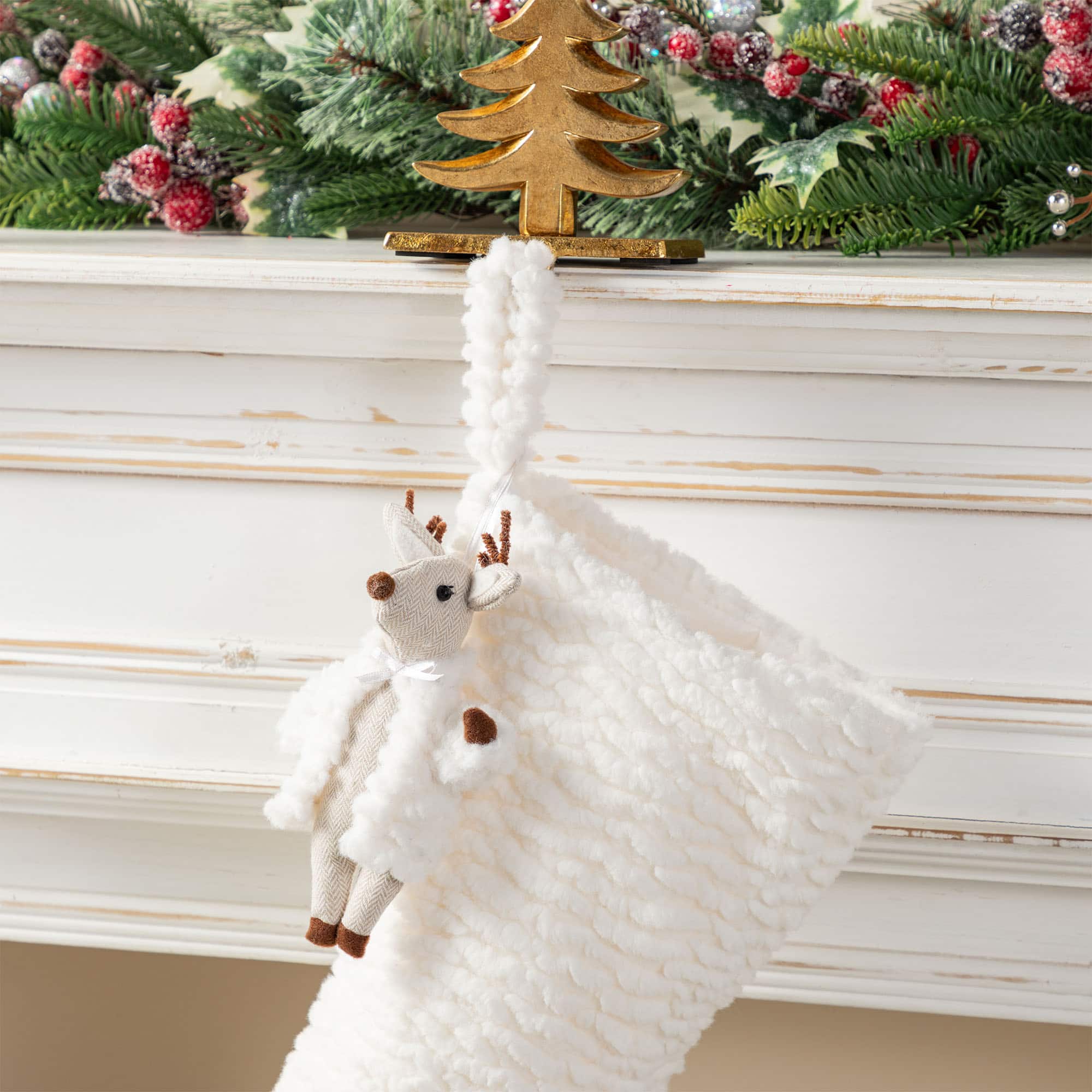 Glitzhome® 21"L White Plush Christmas Stocking with Reindeer Ornament