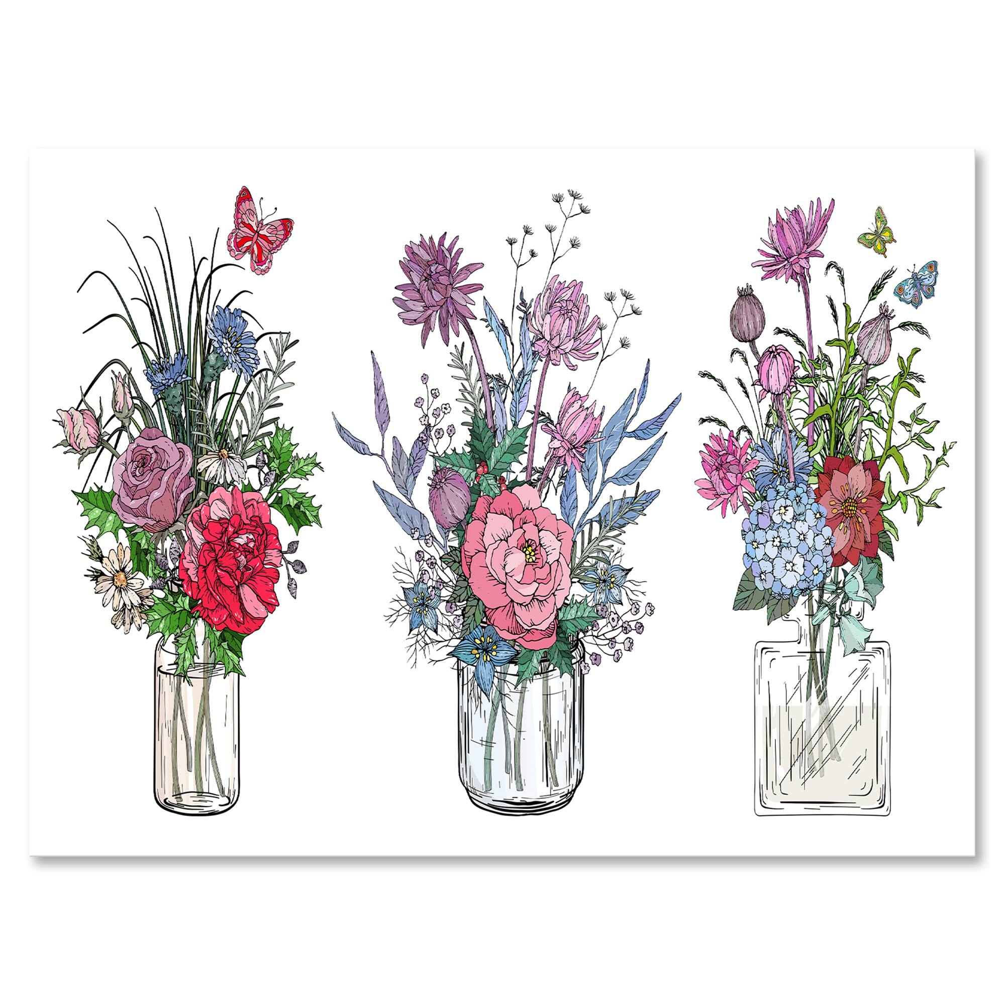 Designart - Bouquets of Wildflowers In Transparent Vases I - Farmhouse Canvas Wall Art Print
