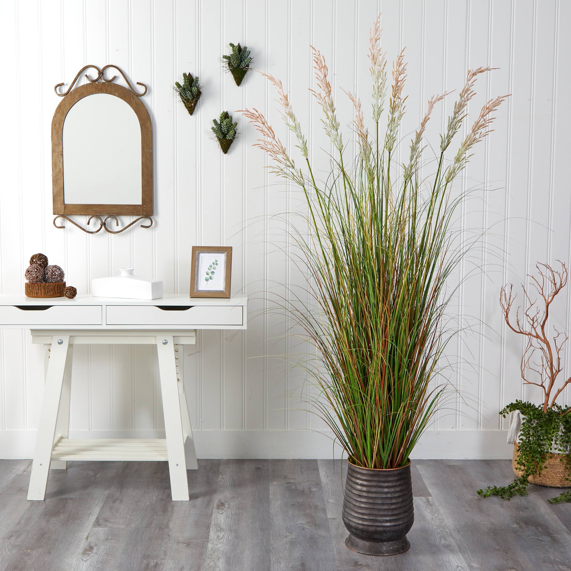 6ft. Grass Plant in Ribbed Metal Planter