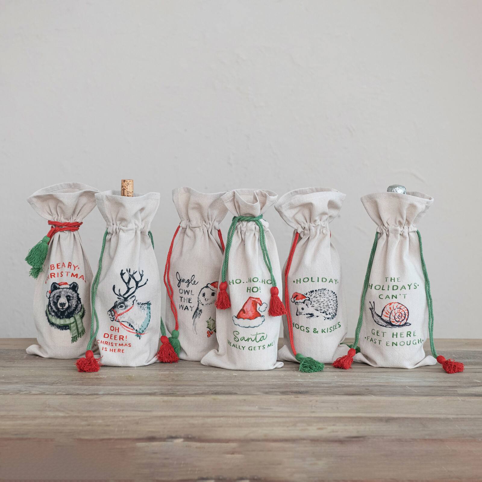 Hello Honey® 14" Cotton Chambray Printed Drawstring Wine Bag Set