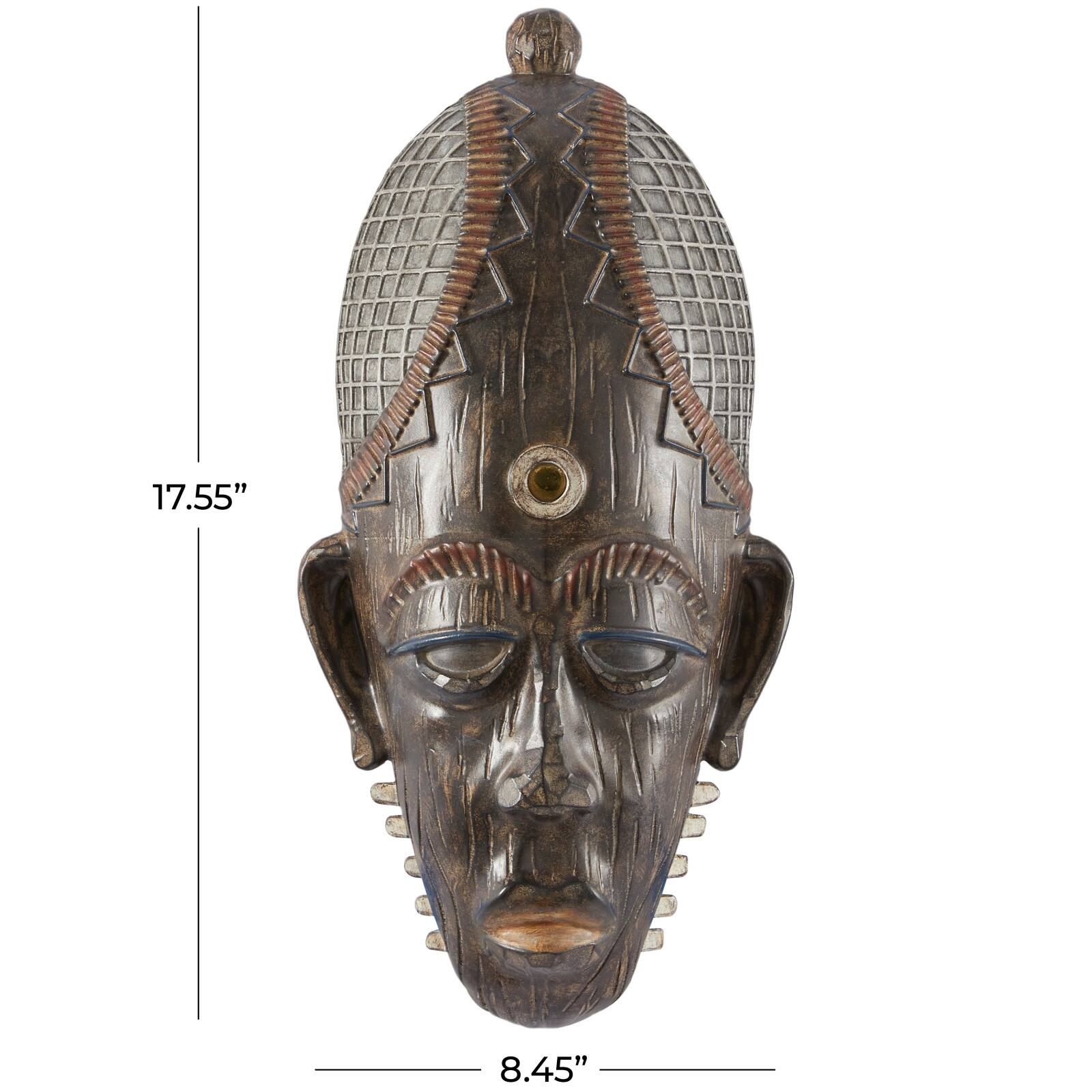 Brown Polystone Primitive African Mask Sculpture 8" x 4" x 18"