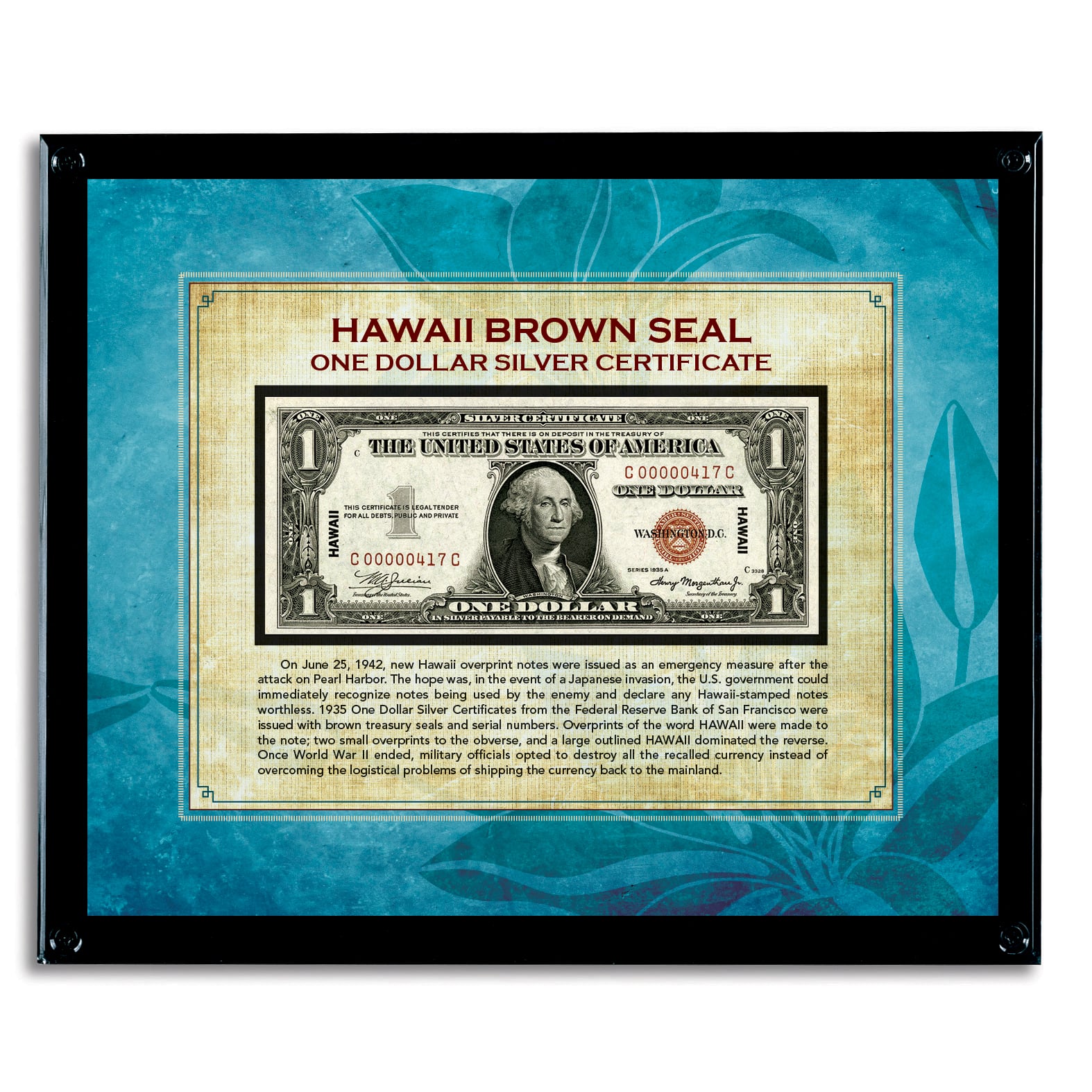 Hawaii Brown Seal Note in Acrylic Frame