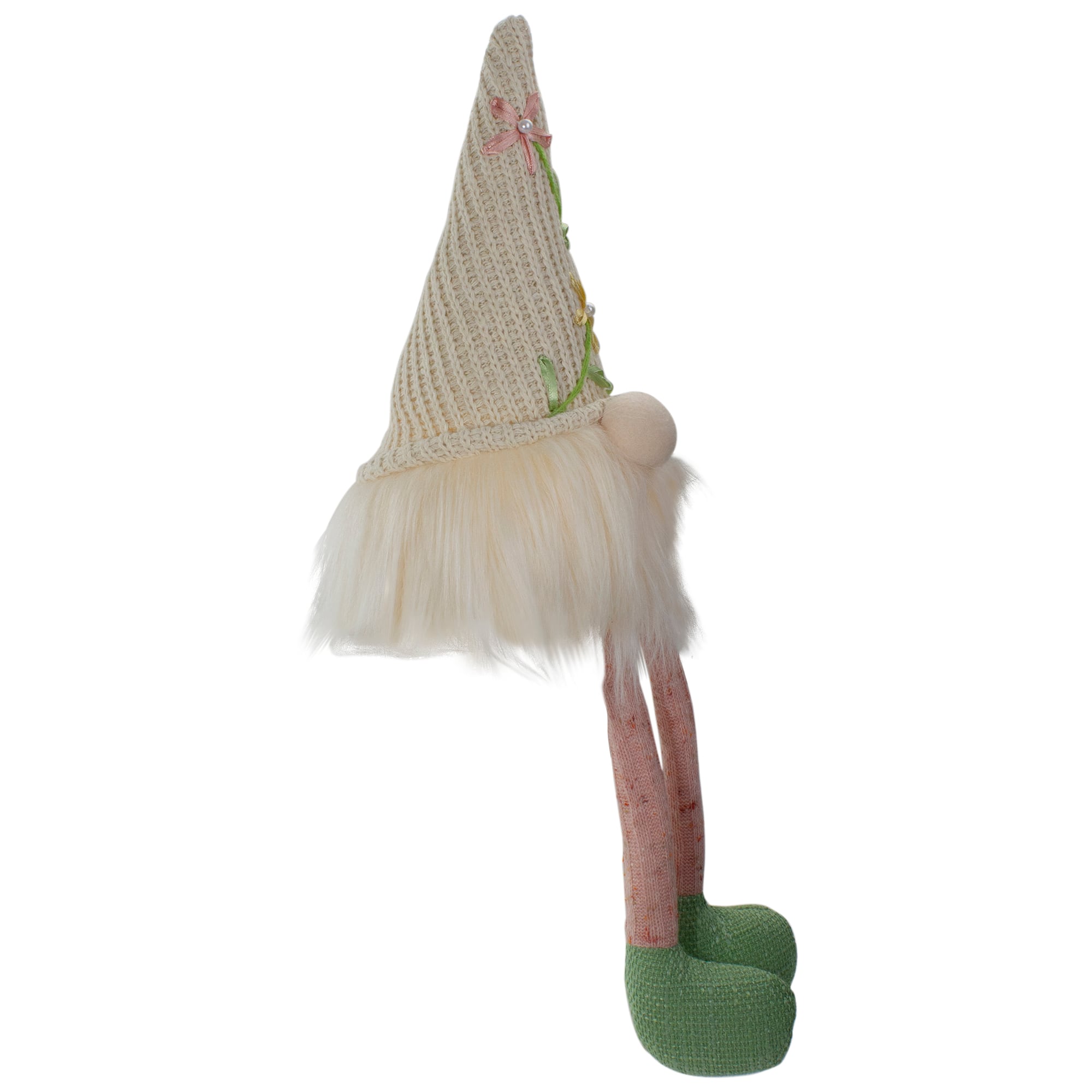 17" Lighted Cream & Pink Sitting Gnome with Knitted Hat Figure