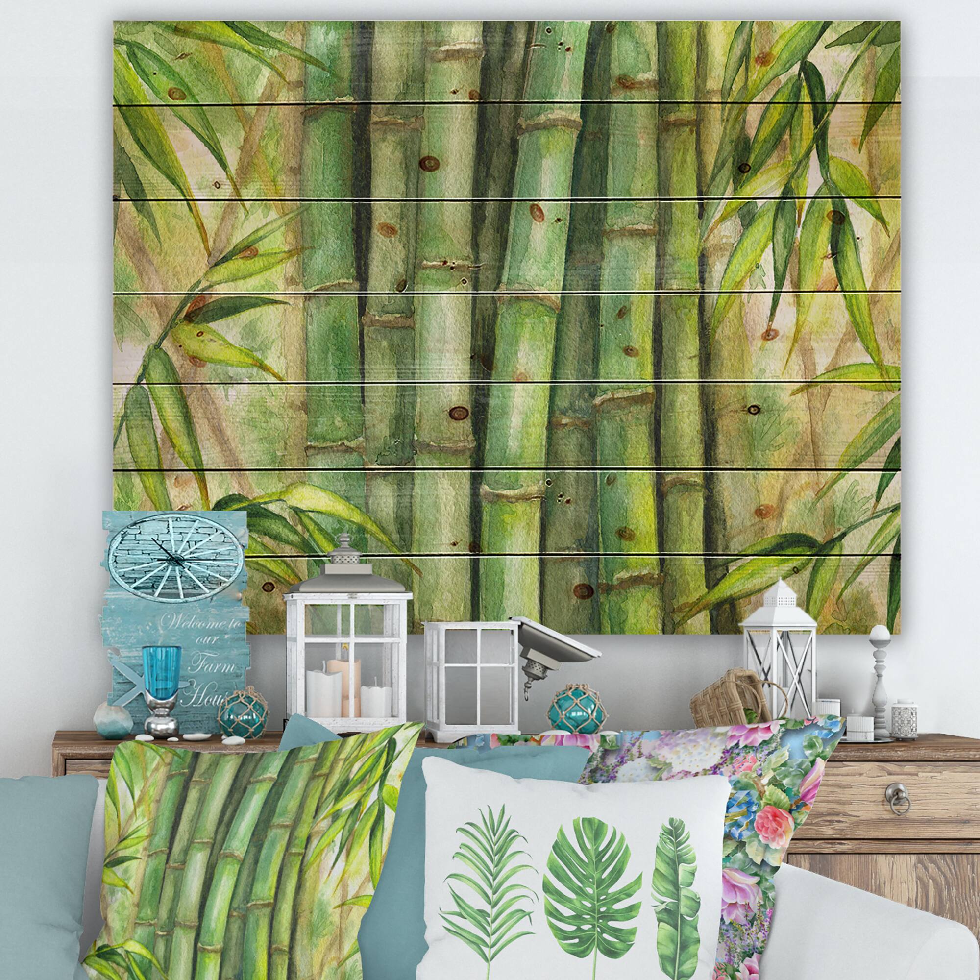 Designart - Bright Green Bamboo Stems - Transitional Print on Natural Pine Wood