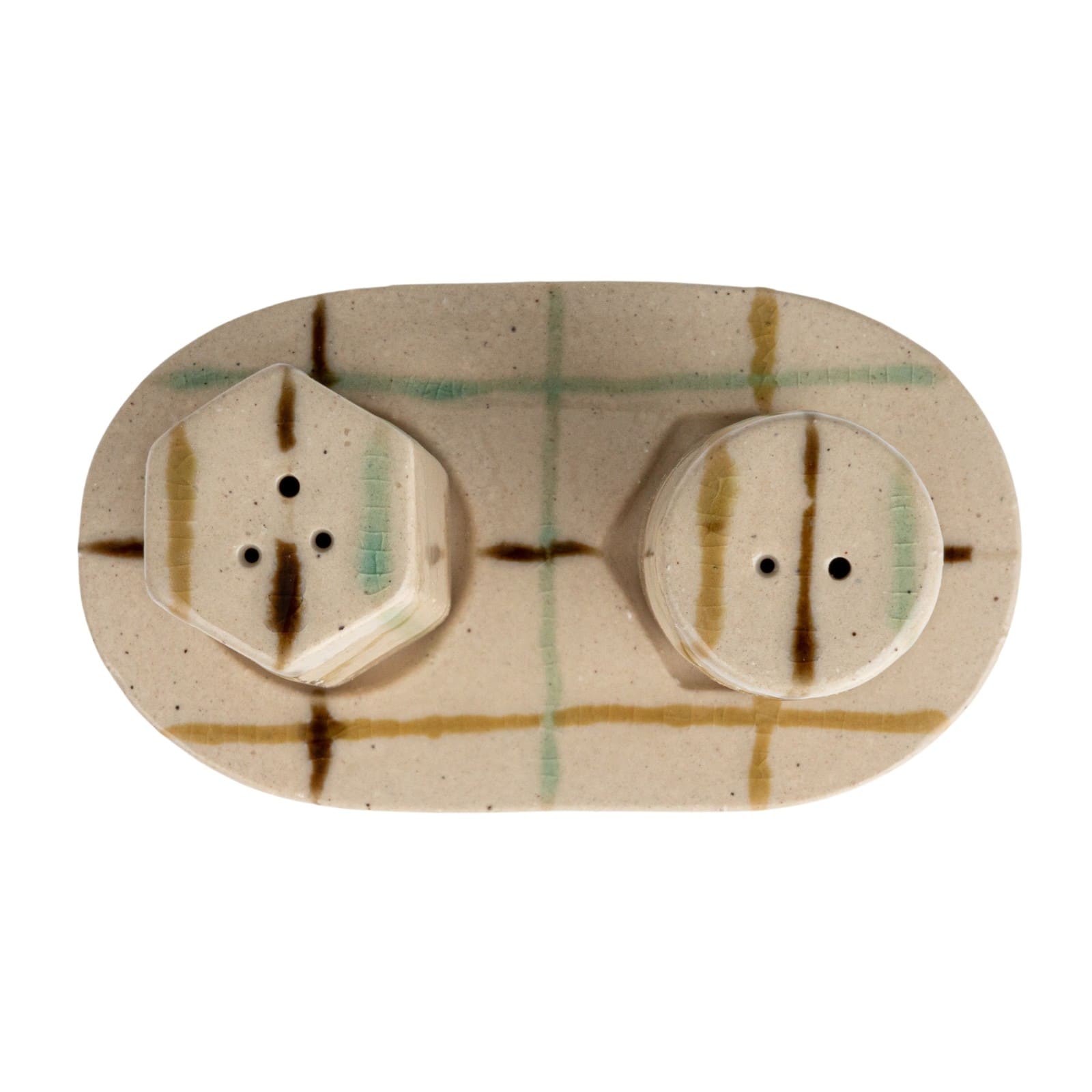Hello Honey® Multicolor Artisanal Harmony Salt & Pepper Shaker Set on a Tray