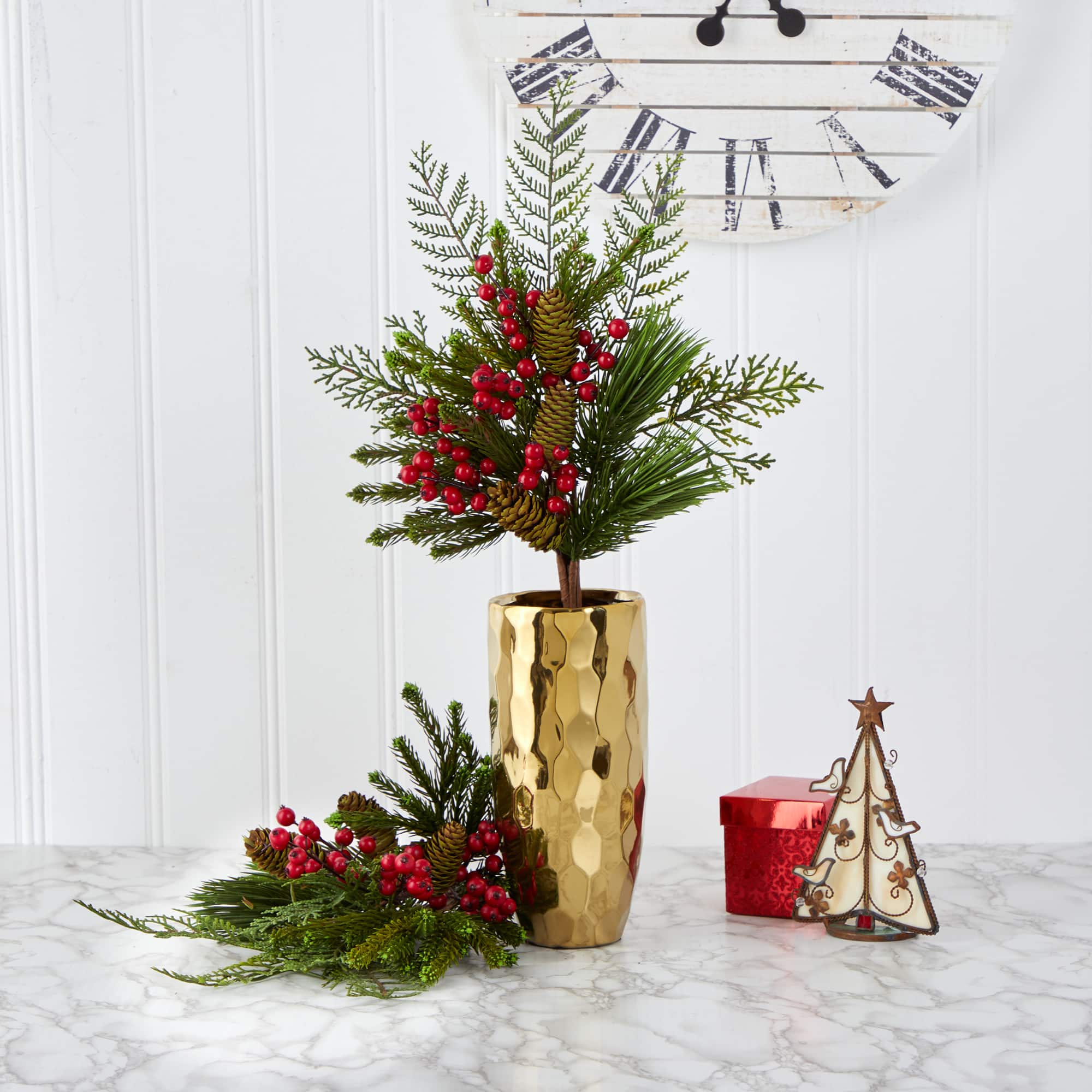 26” Mixed Pine, Pinecone & Berry Artificial Plant Set