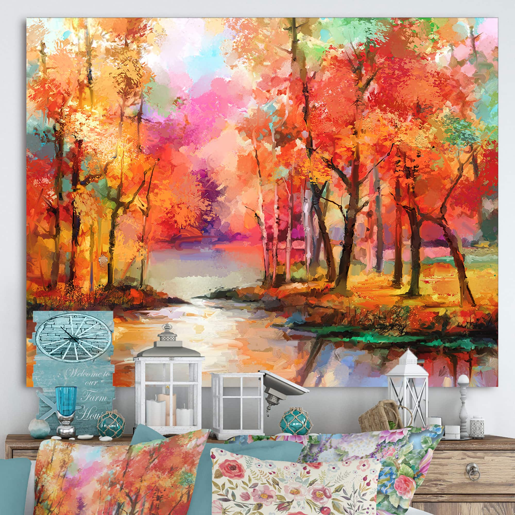 Designart - Autumn Aspen Trees In Red Leaf Forest By Lake
