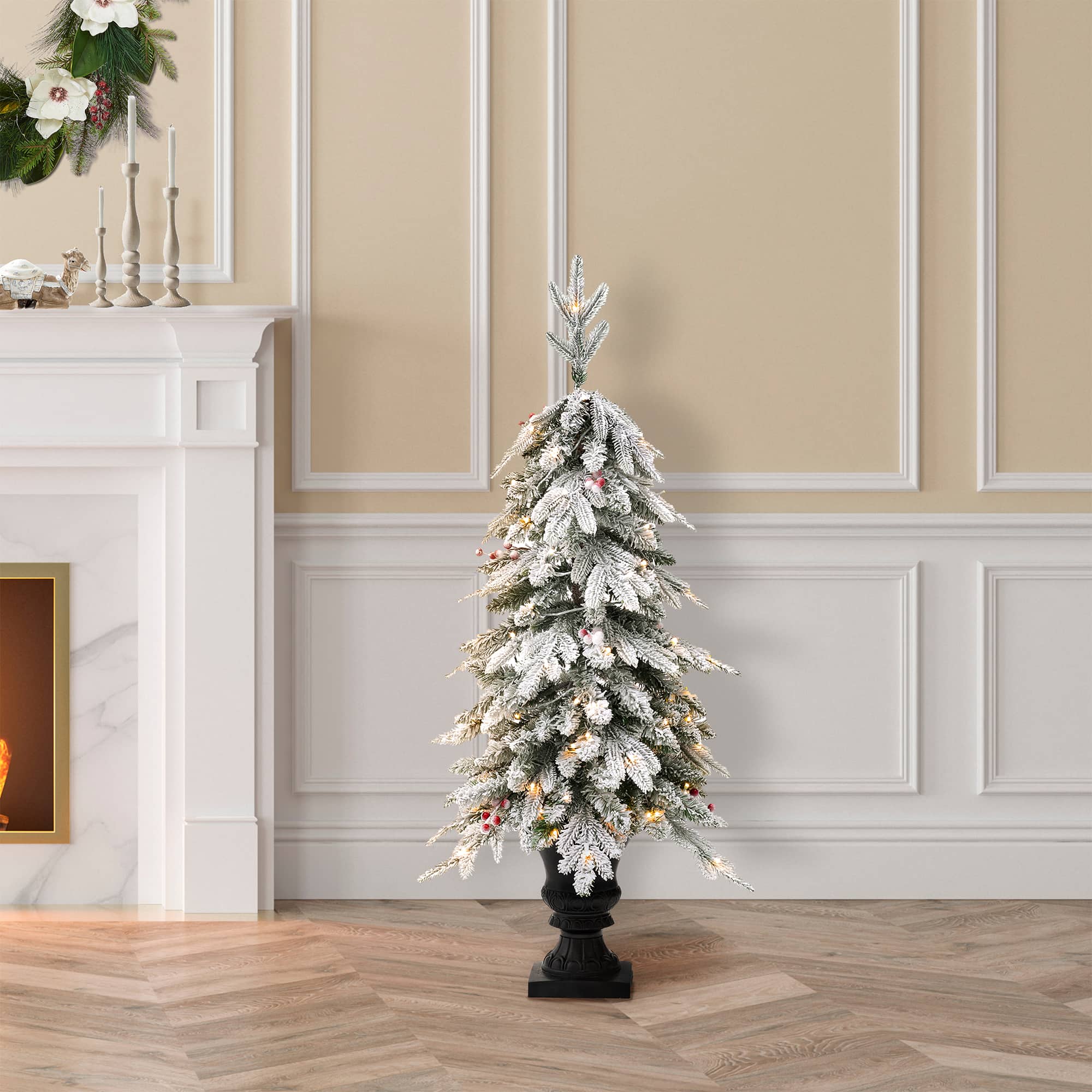 2 Pack 4ft. Pre-Lit Flocked Red Berry Fir Artificial Christmas Porch Tree in Urn, Warm White Lights