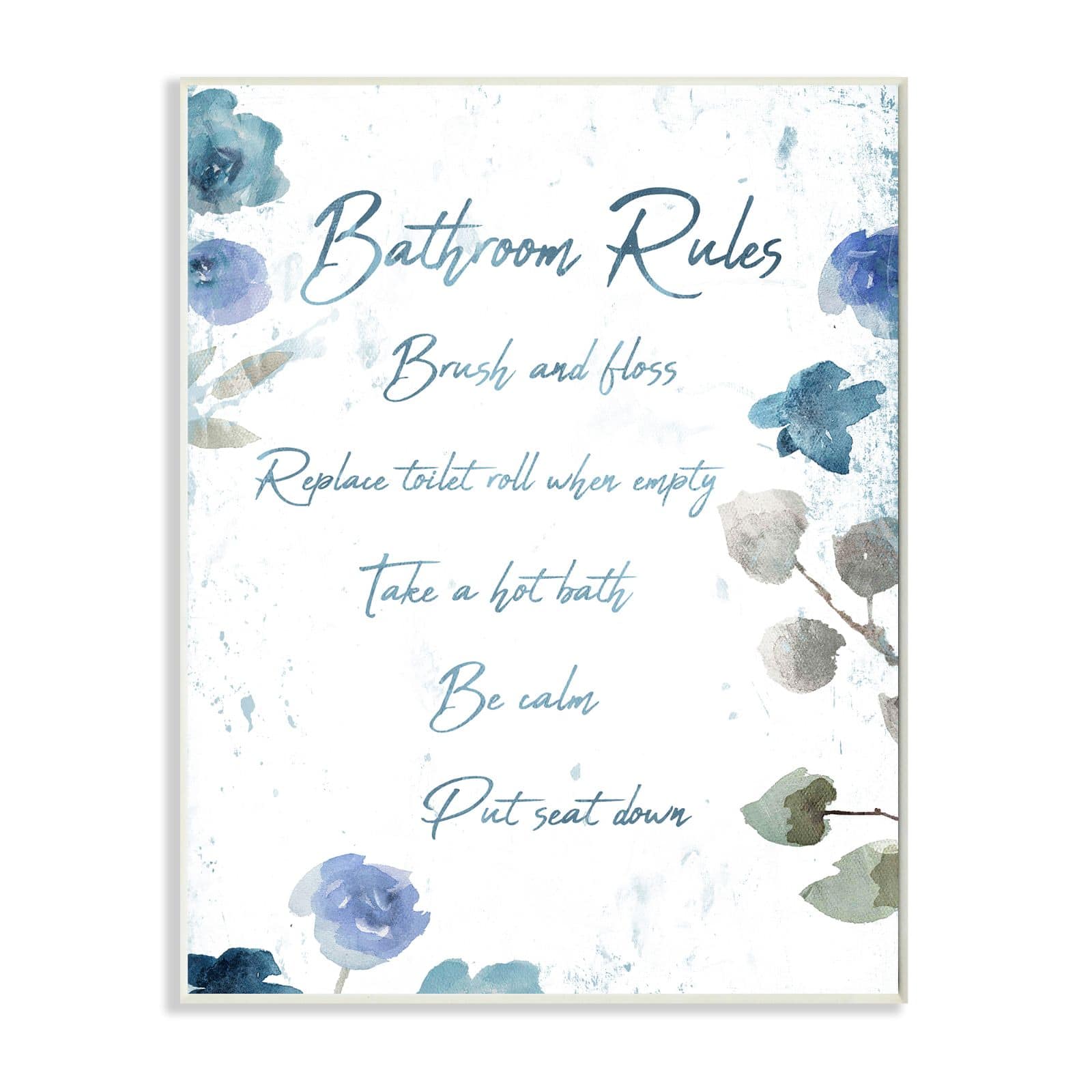 Stupell Industries Bathroom Rules Watercolor Flower Word Design Wood Wall Plaque