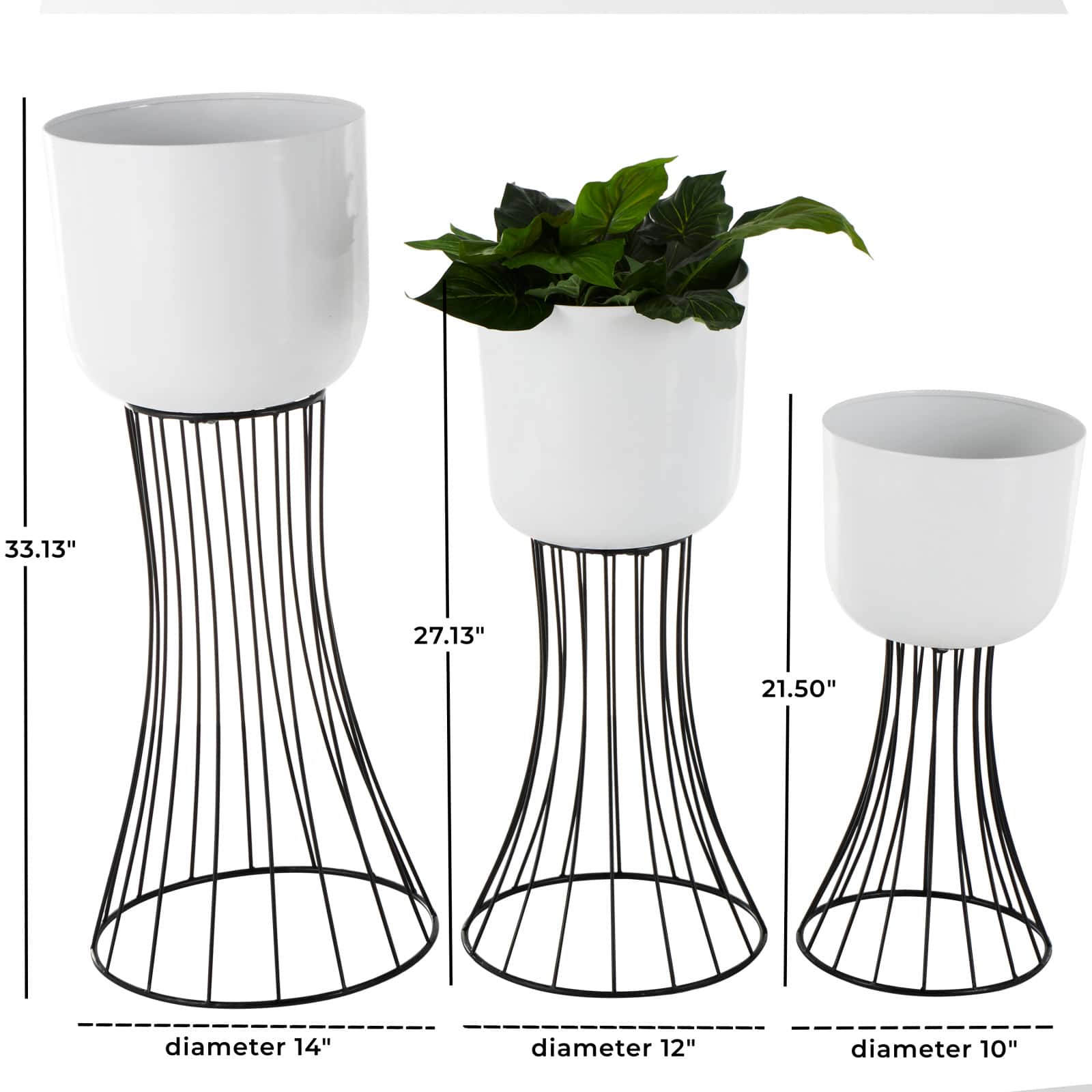 White Metal Planter with Black Hourglass Stands Set