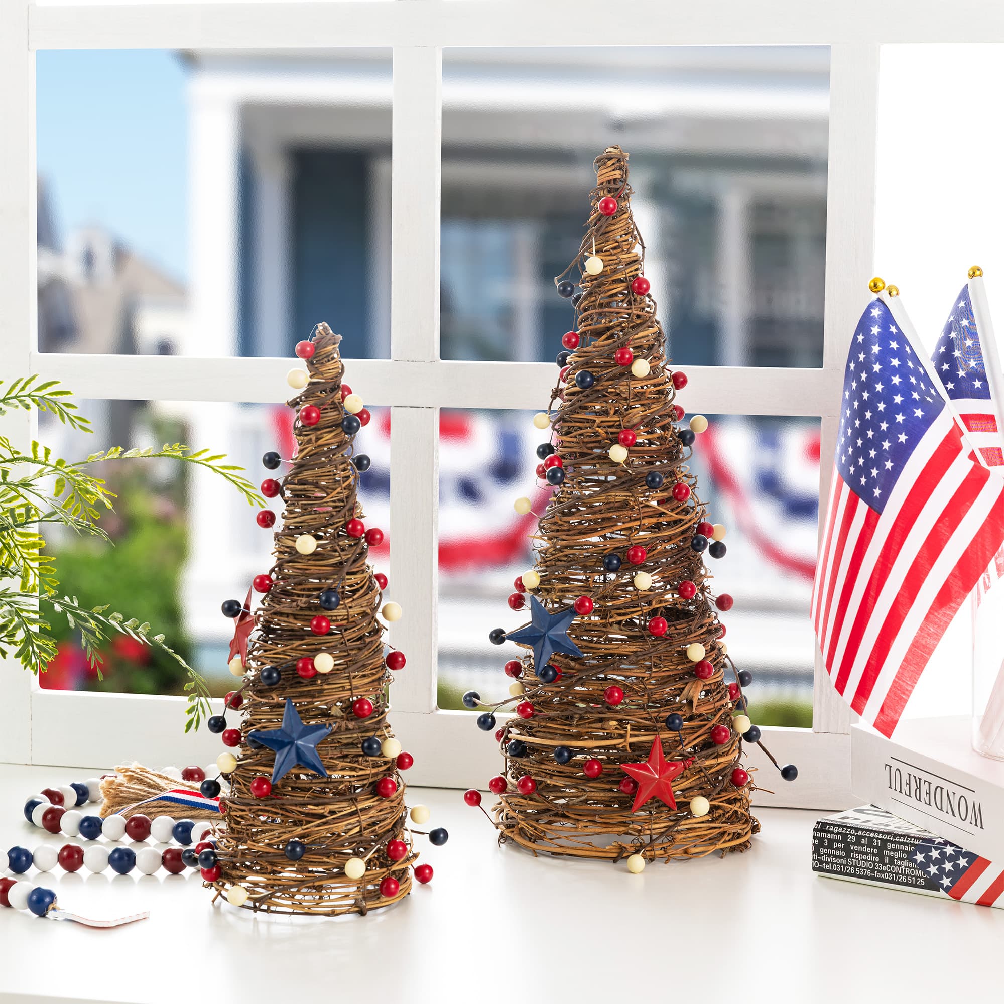 Glitzhome® Set of 2 Patriotic Americana Rattan Stars and Berry Cone Table Trees