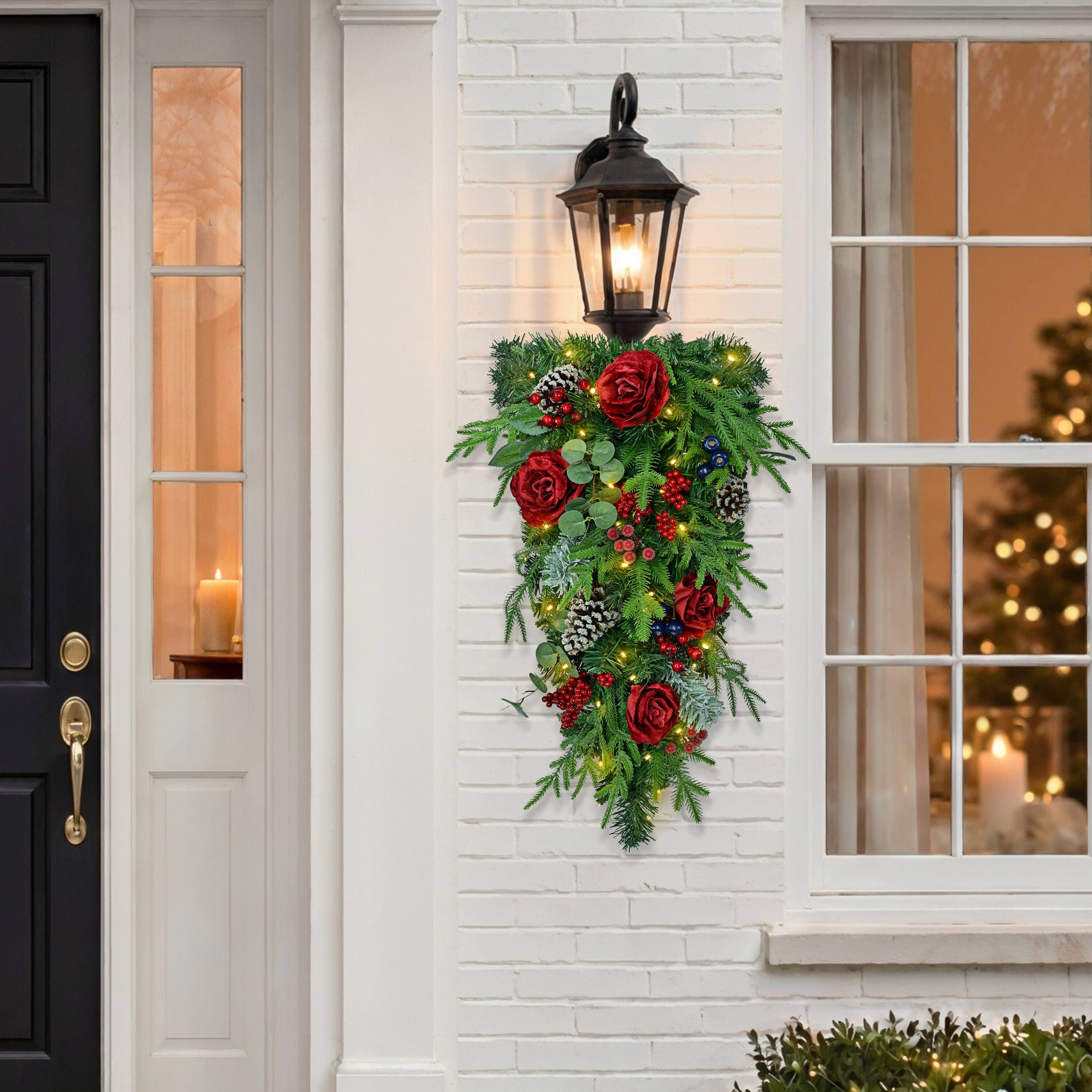 Puleo International 28" Pre-Lit Roses, Pinecones & Leaves Artificial Teardrop Swag