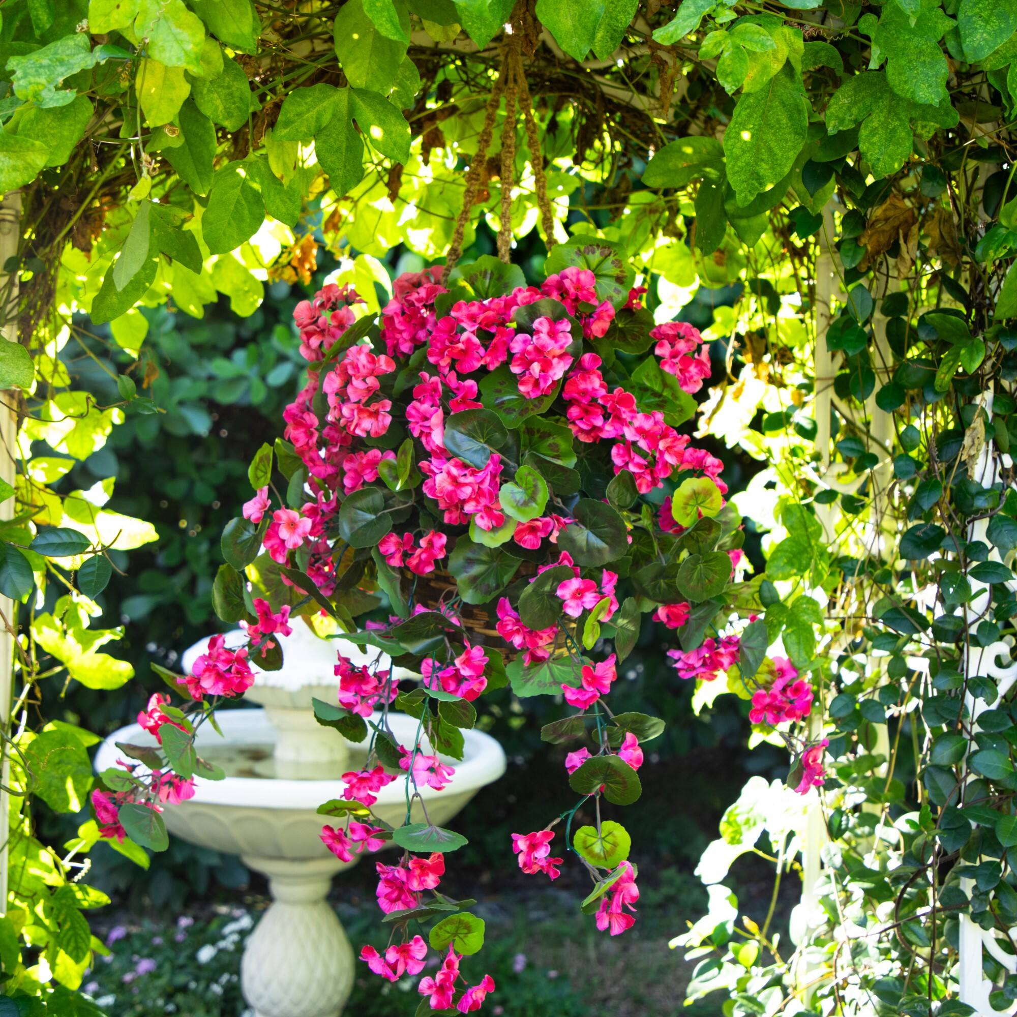 28" UV Resistant Artificial Geranium in Hanging Basket