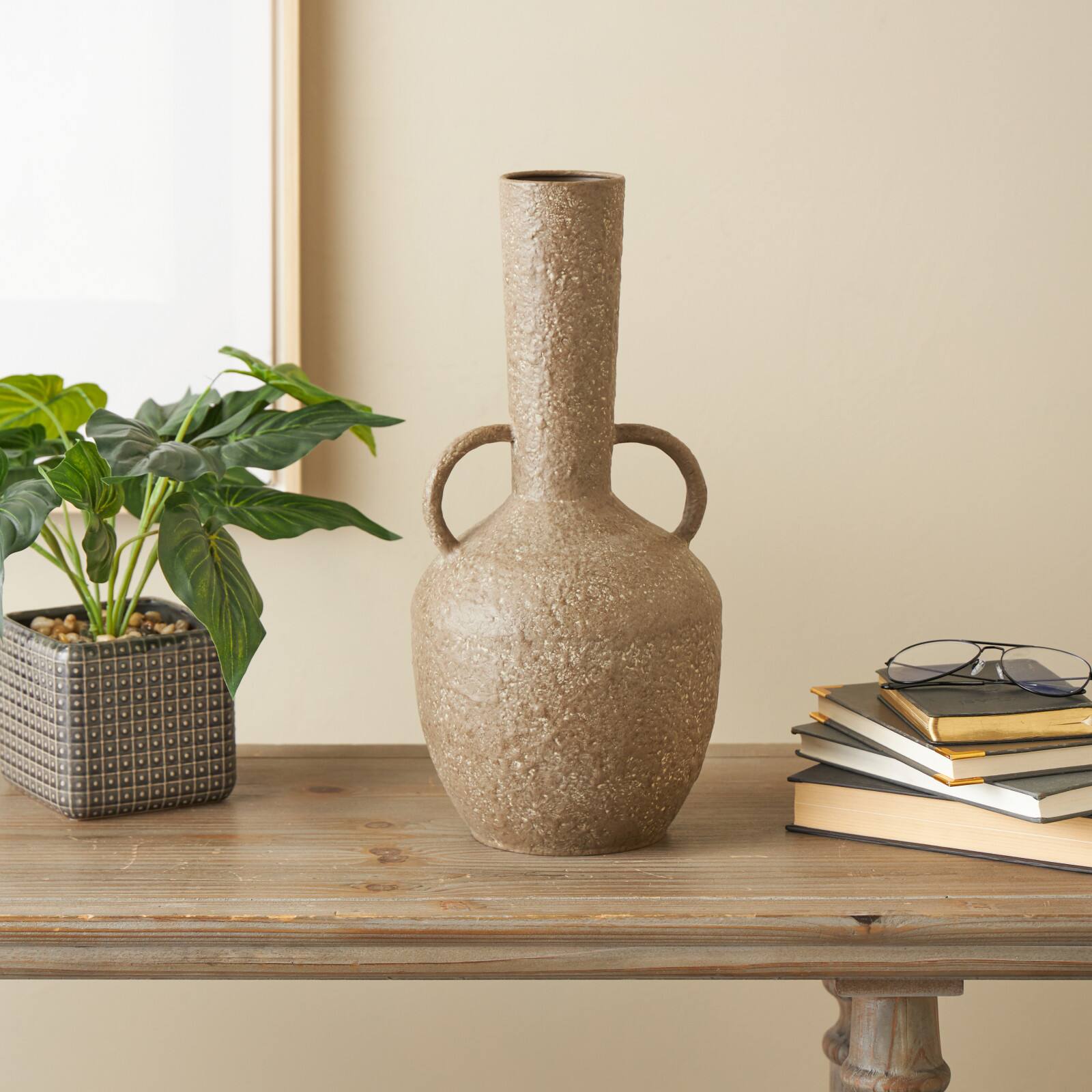 17" Brown Metal Antique Inspired Vase with Handles