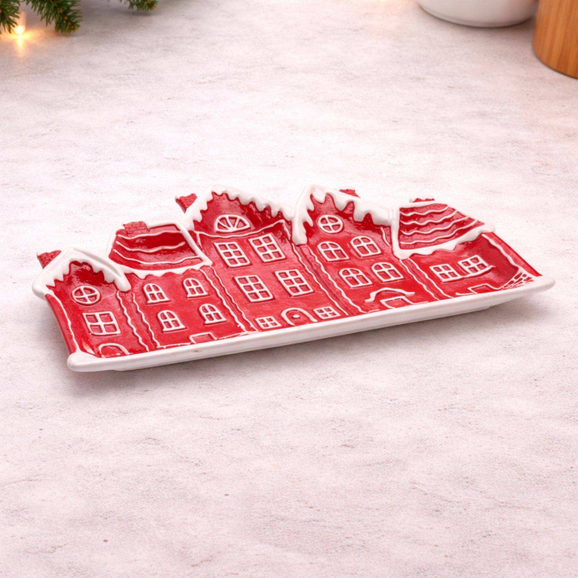 Melrose Red & White Ceramic Snowy Village Plates, 4ct.