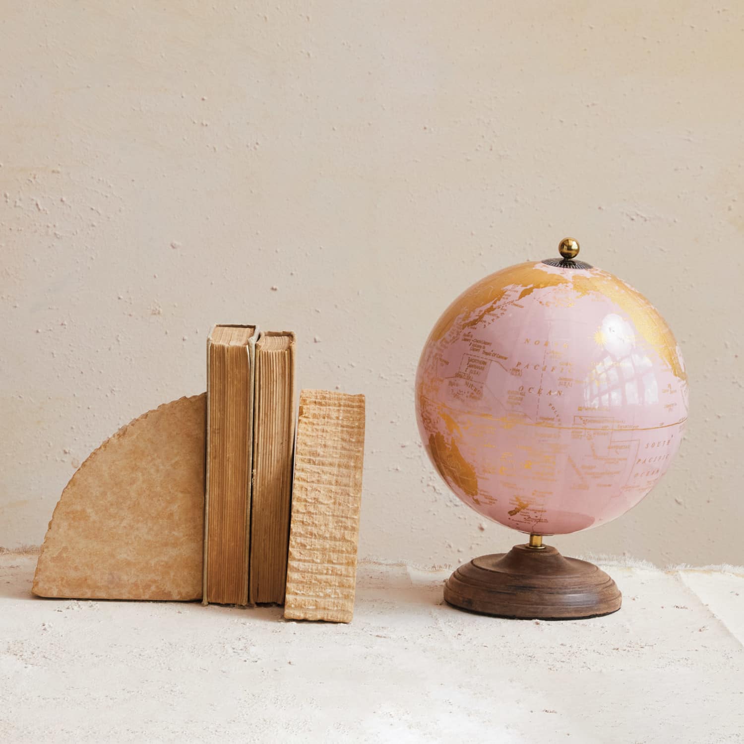 Hello Honey® 10.75" Pink & Gold Metal & Plastic Globe on Natural Mango Wood Stand