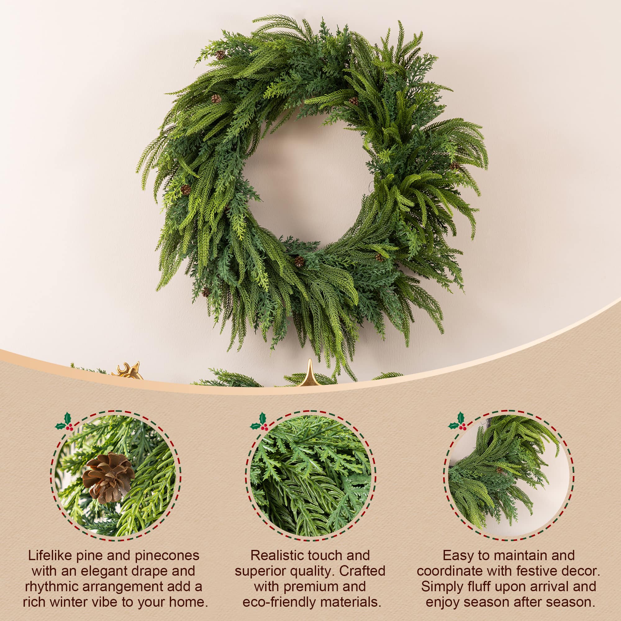 Glitzhome® 25.75" Christmas Greenery Mixed PE Wreath with Pinecones
