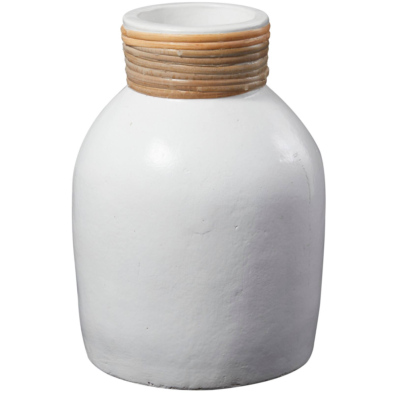 11" White Ceramic Vase with Wrapped Rattan Detailing