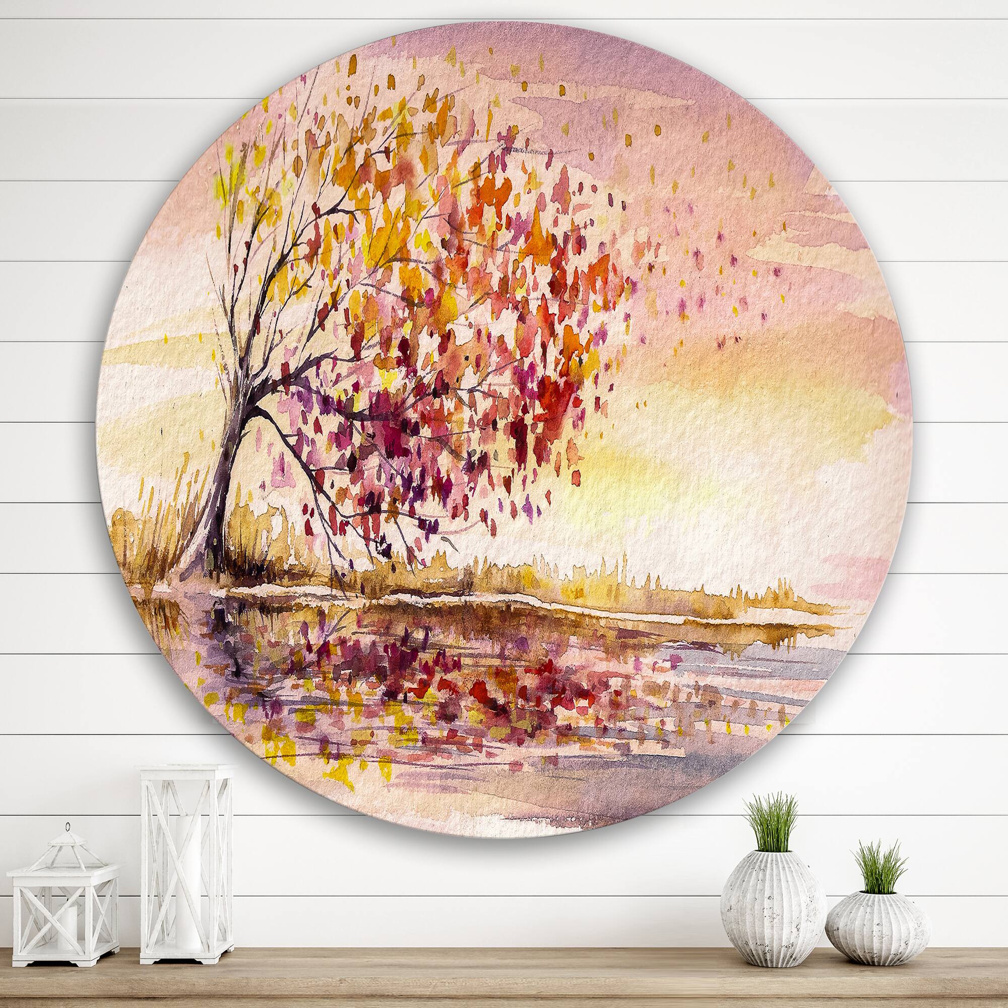 Designart - Yellow and Orange Autumn Tree - Traditional Metal Circle Wall Art