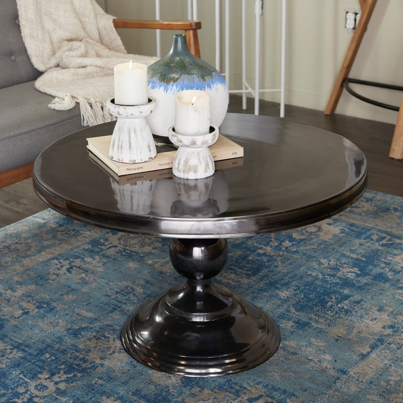 Black Aluminum Coffee Table with Pedestal Base 31" x 31" x 19"