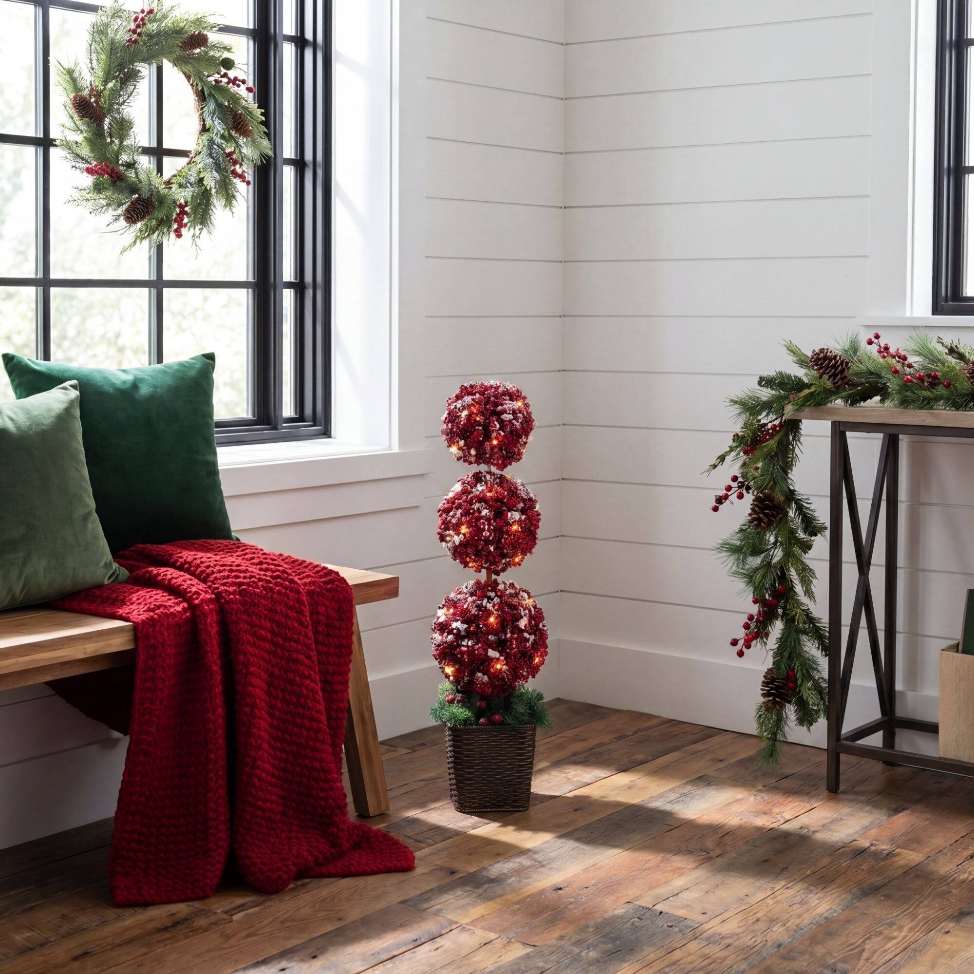 Nearly Natural 31" Artificial Christmas Snowed Holly Berry Triple Ball Topiary Tree in Decorative Planter