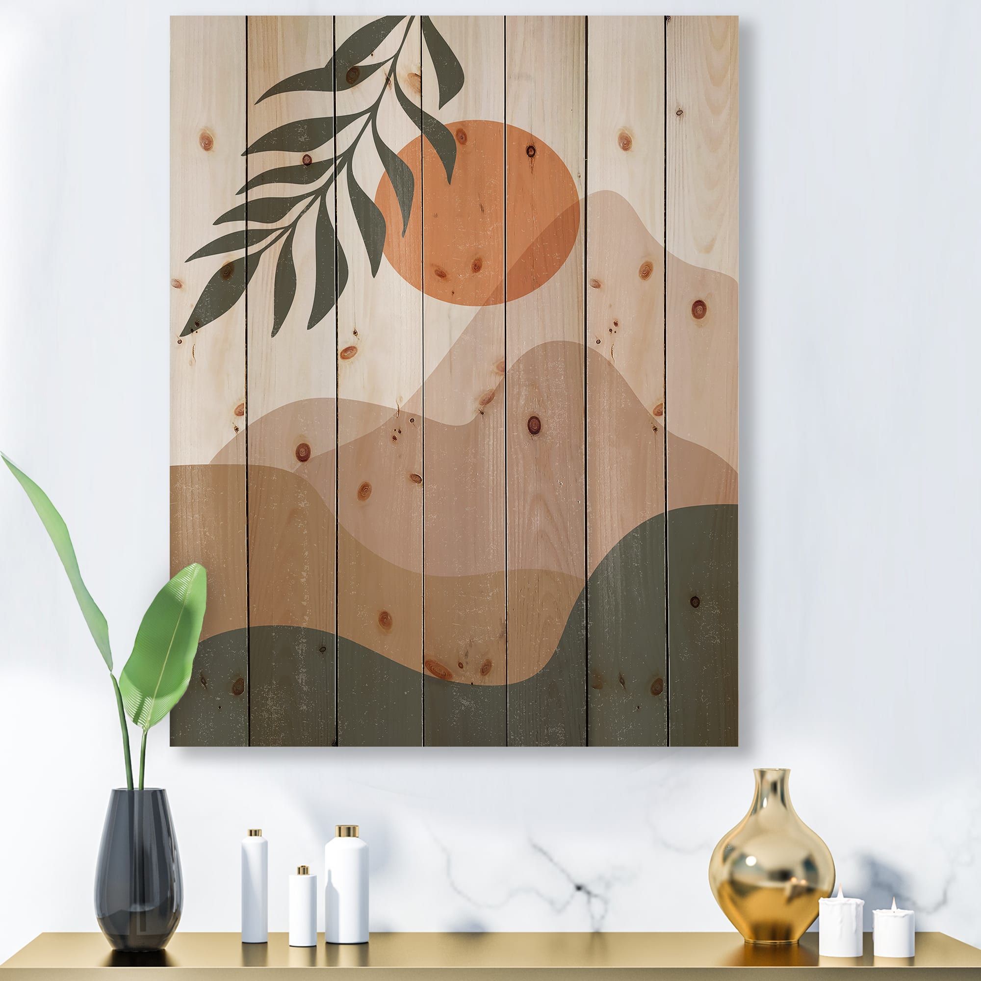 Designart - Abstract Red Moon In Earth Toned Mountains I - Modern Print on Natural Pine Wood