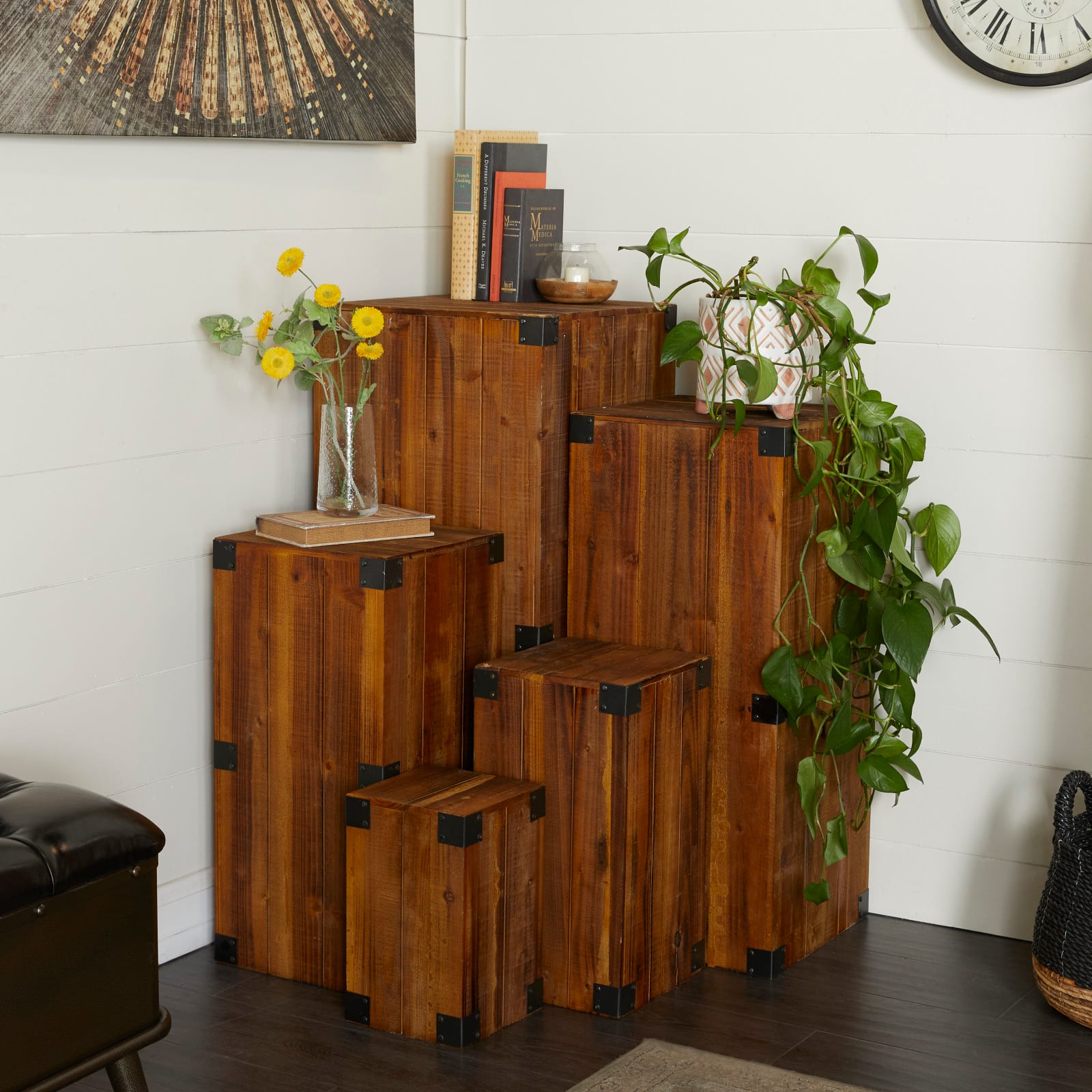 Set of 5" Brown Wood Farmhouse Pedestal Table, 36", 30", 24", 18", 12"