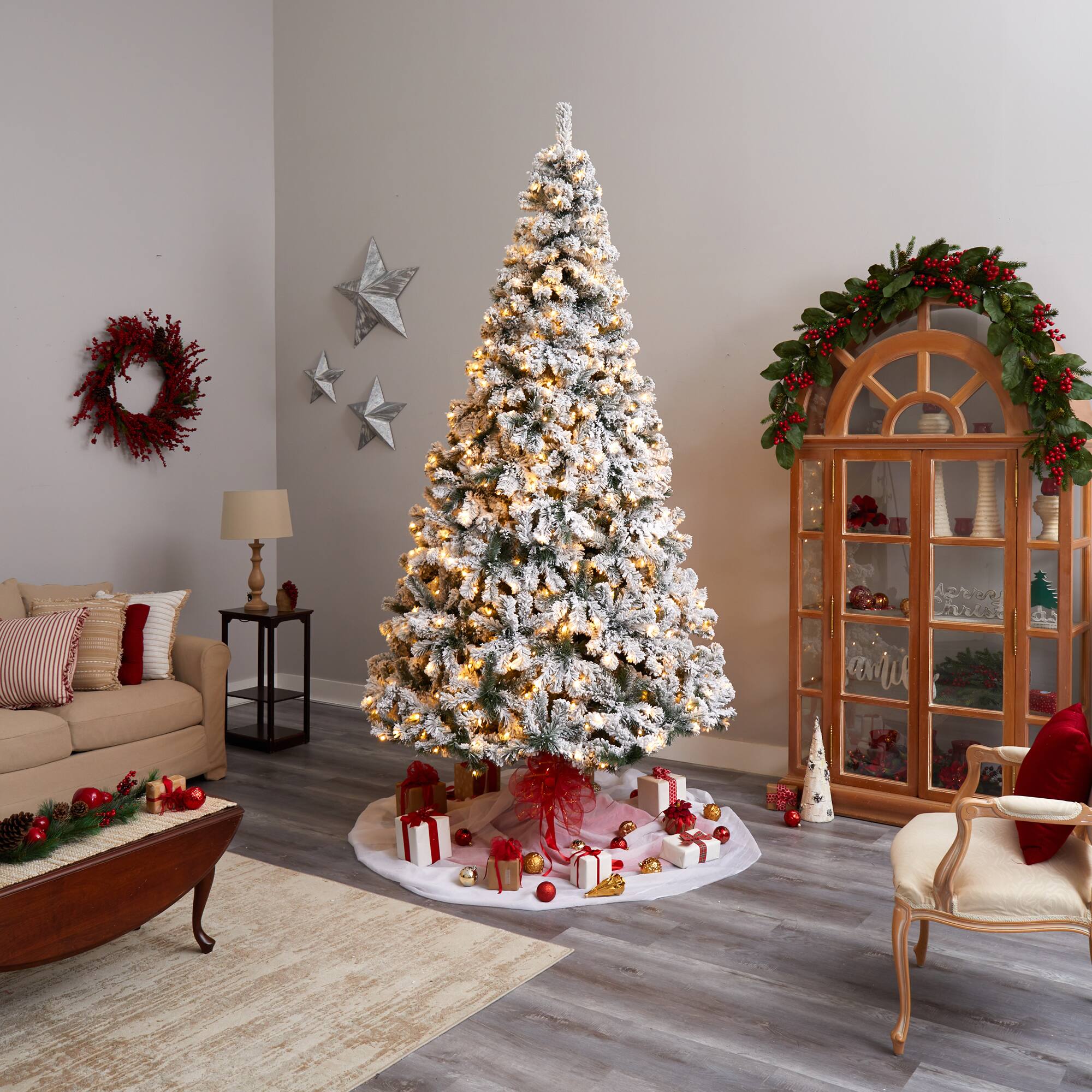 9ft. Pre-Lit Flocked West Virginia Fir Artificial Christmas Tree, Clear LED Lights