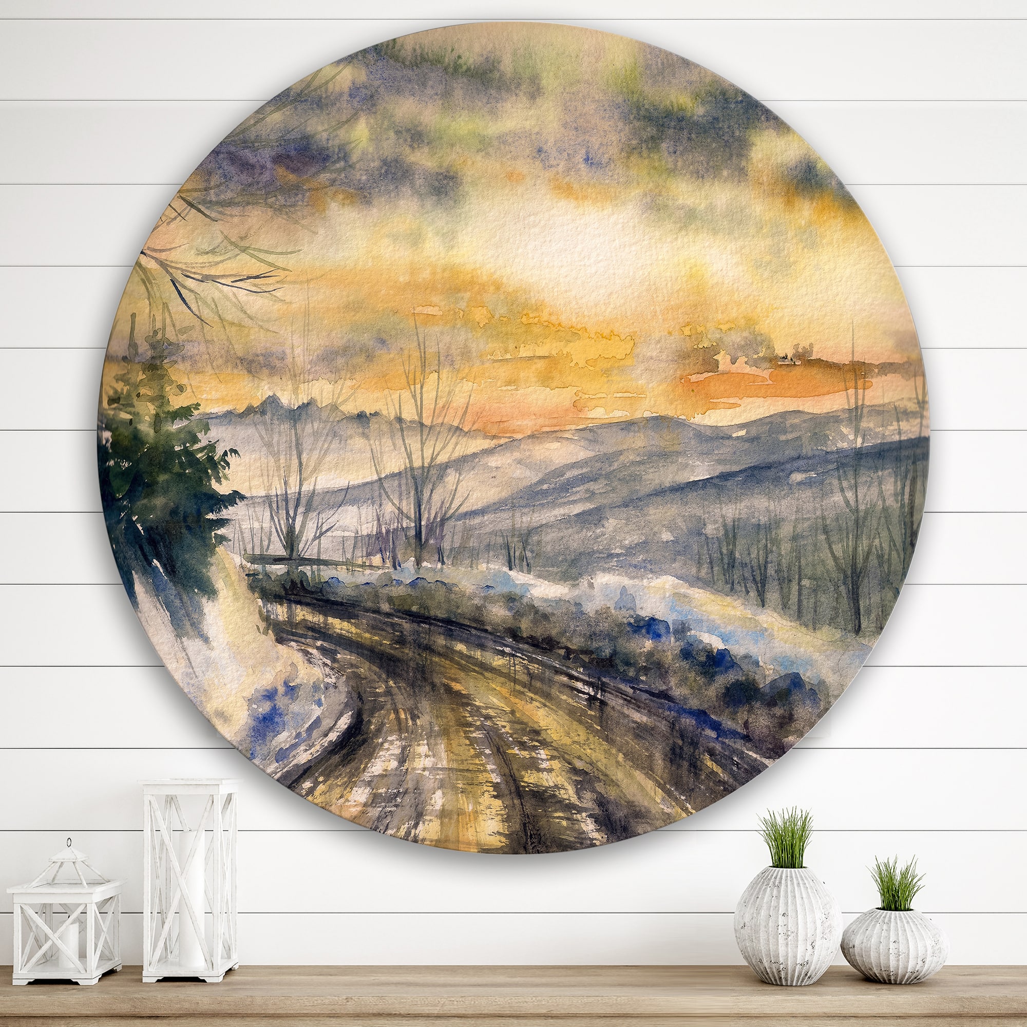Designart - Winter Landscape With Road Under Bright Sunset