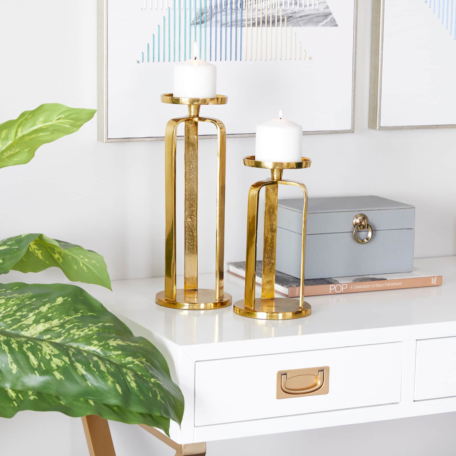 Set of 2 Gold Aluminum Modern Candle Holder, 14" x 5" x 5"