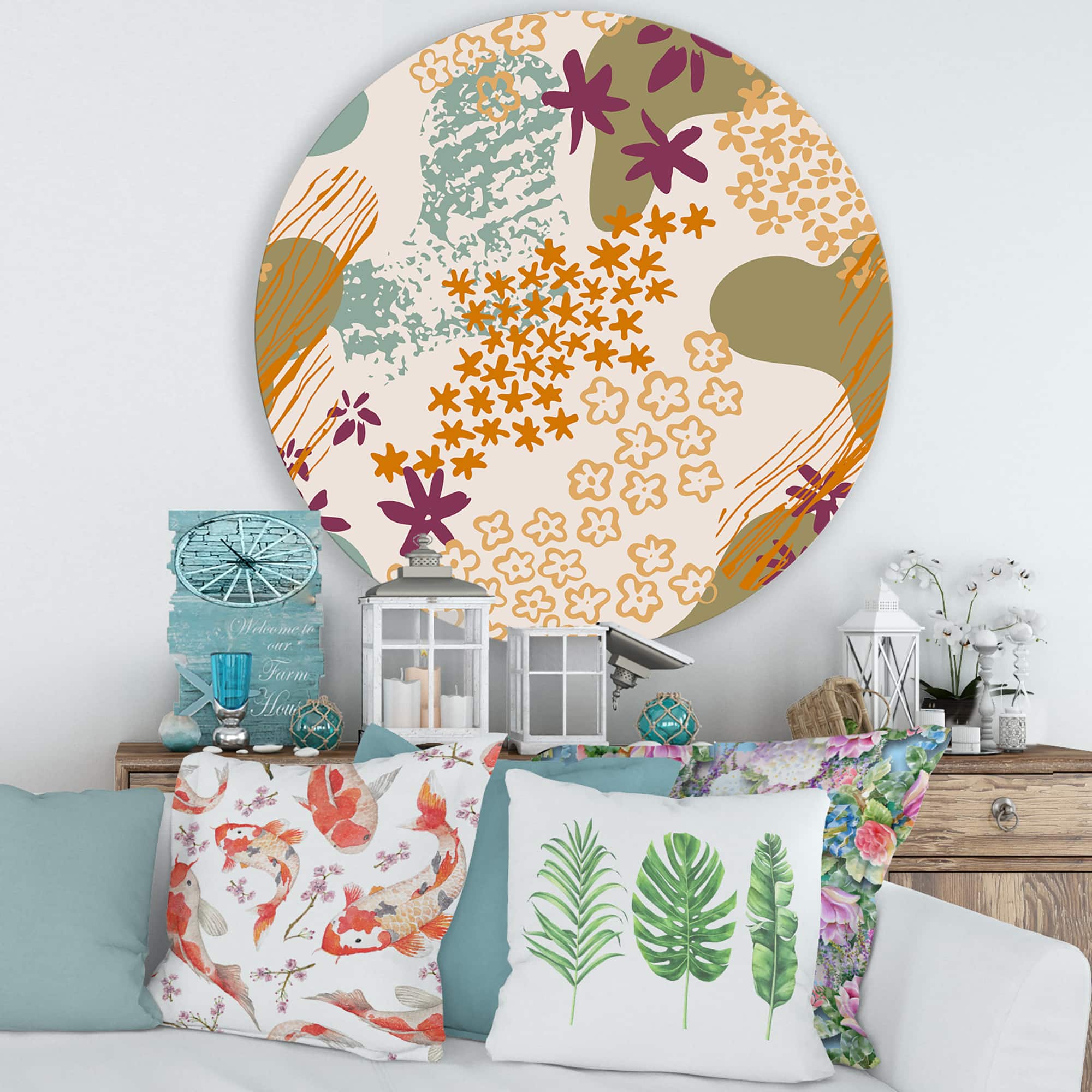 Designart - Flowers Silhouettes and Fluid Shapes - Modern Metal Circle Wall Art