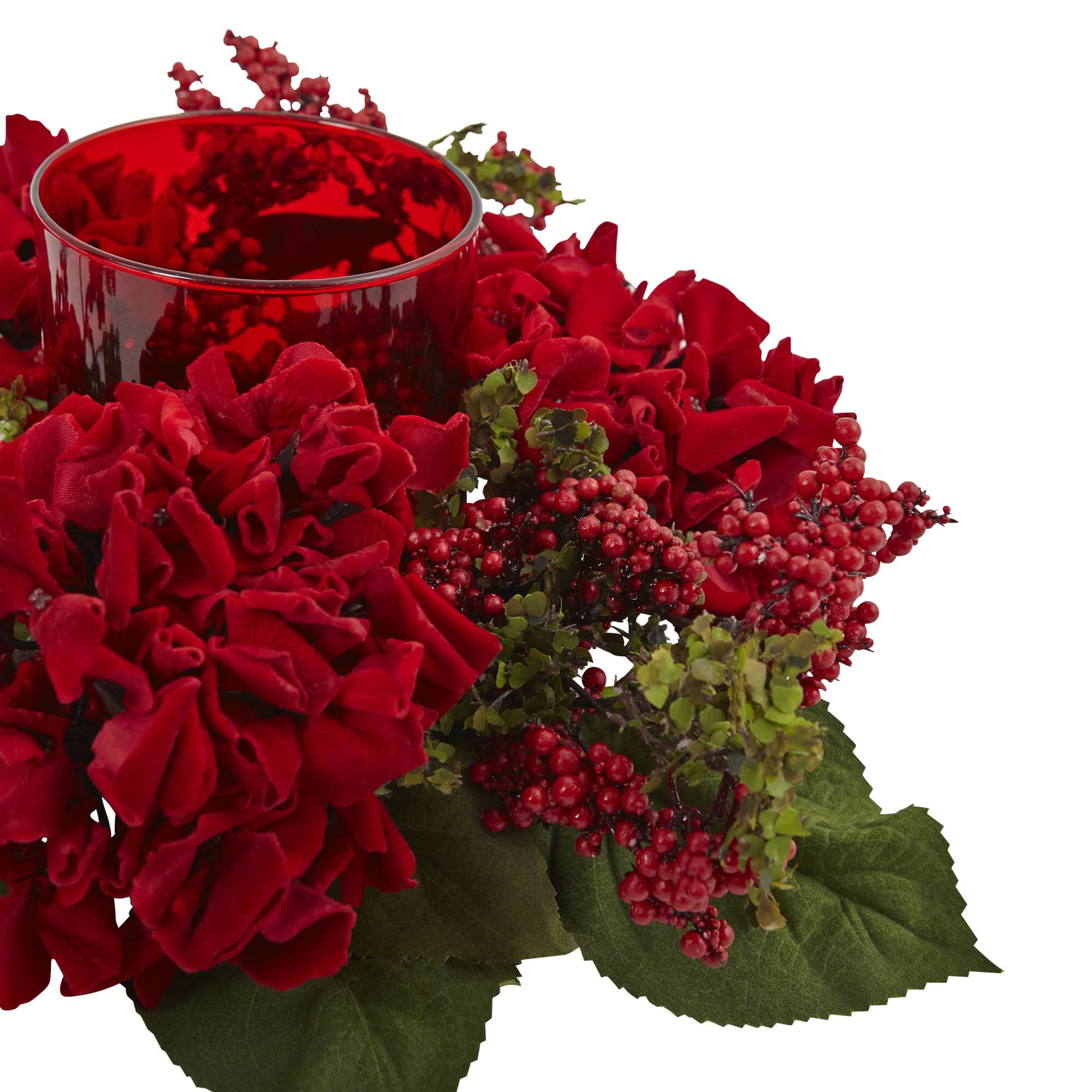 6" Red Hydrangea & Berry Candelabrum