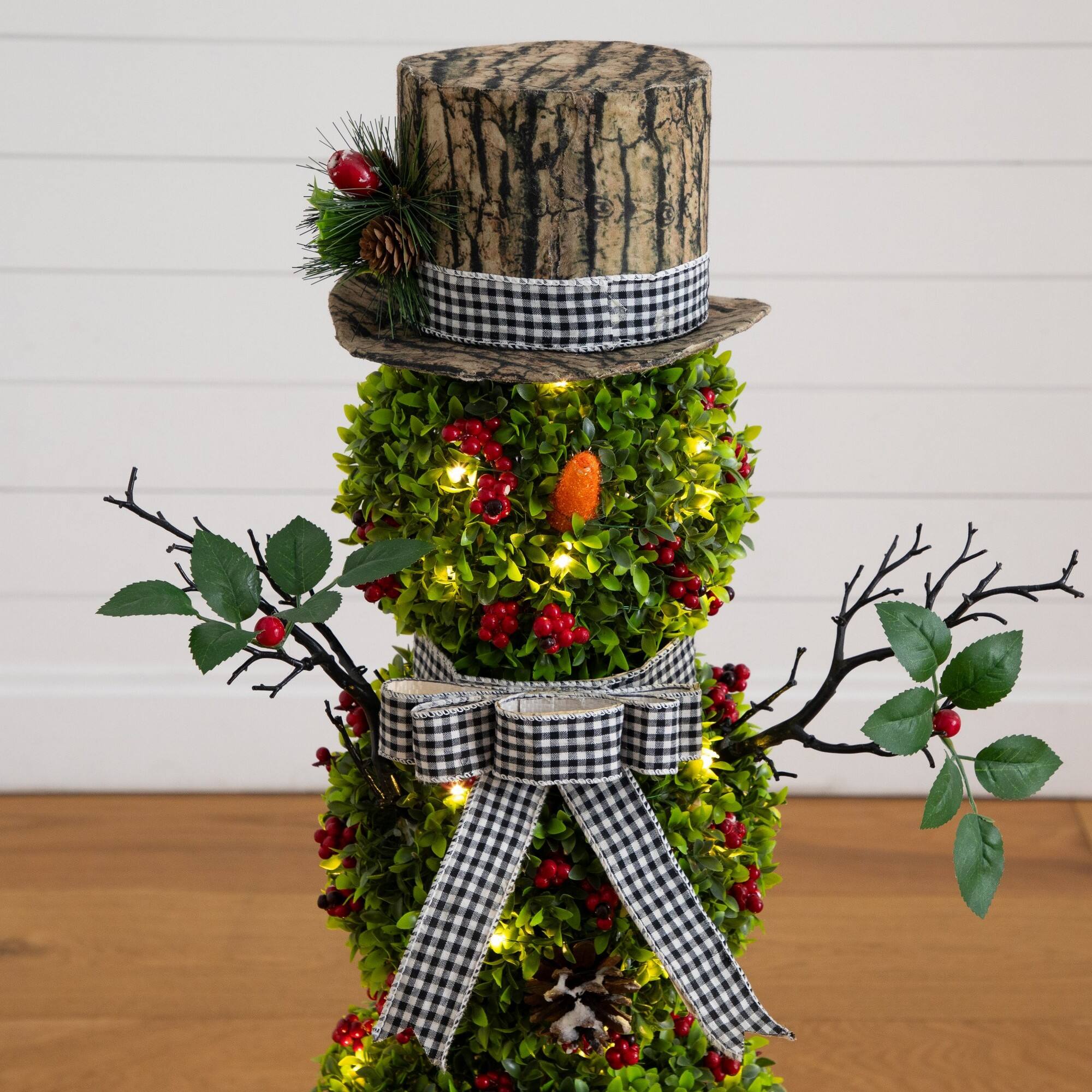 Nearly Natural 3.5ft. Pre-Lit Artificial Christmas Boxwood Snowman Topiary Tree in Decorative Planter