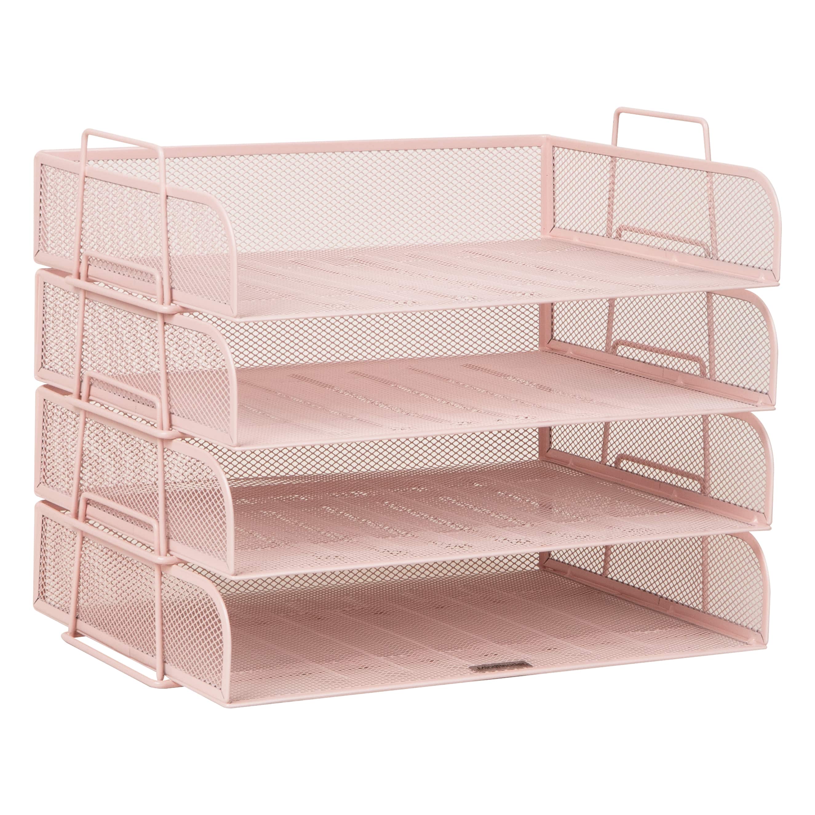 Mind Reader Stackable Paper Tray, Desktop Organizer, File Storage, Office, Metal Mesh, 4 Pcs., Pink