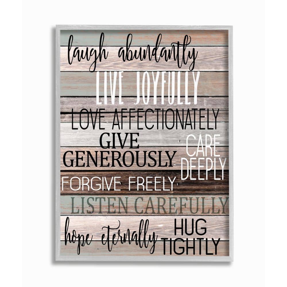 Stupell Industries Live Joyfully Phrases on Wood Grain Brown Tan Teal in Frame Wall Art