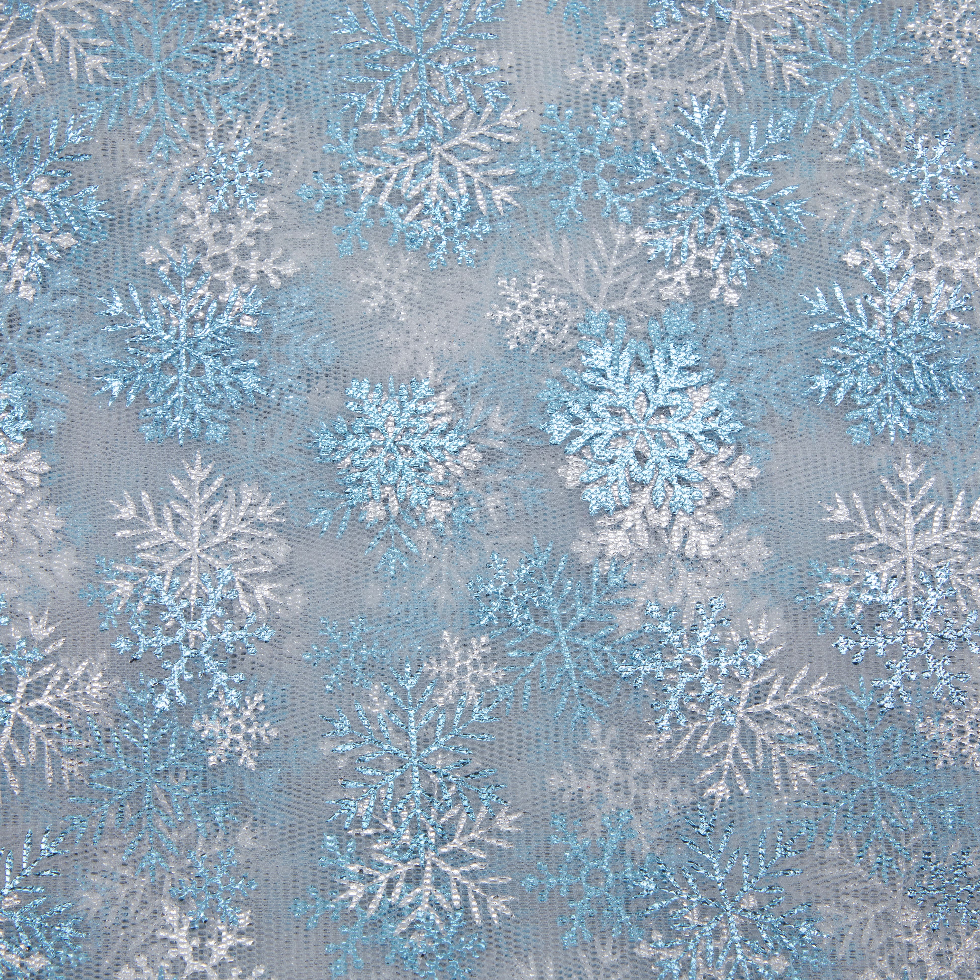 Wyla White Mesh with Blue Snowflakes Polyester Fabric