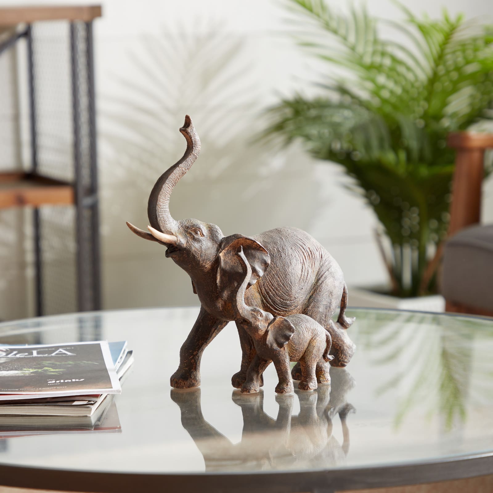 11" Brown Eclectic Polystone Elephants Sculpture